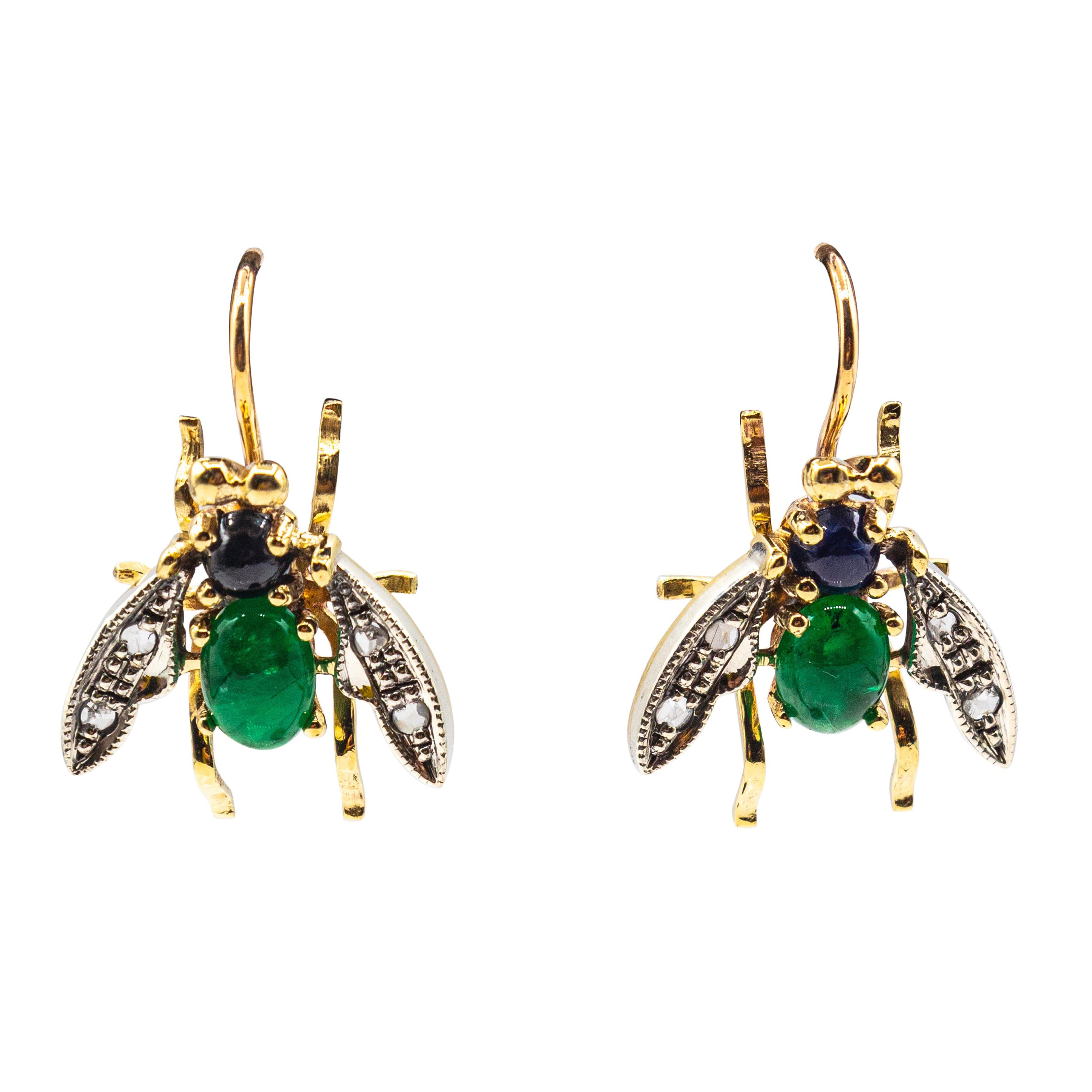 Art Nouveau White Diamond Blue Sapphire Emerald Yellow Gold "Flies" Earrings For Sale