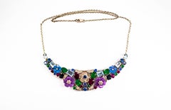 Art Nouveau White Diamond Blue Sapphire Ruby Emerald White Gold Flowers Necklace