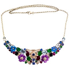 Art Nouveau White Diamond Blue Sapphire Ruby Emerald White Gold Flowers Necklace
