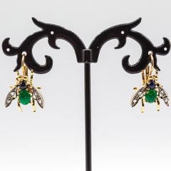 Art Nouveau White Diamond Blue Sapphire Ruby Yellow Gold "Flies" Earrings