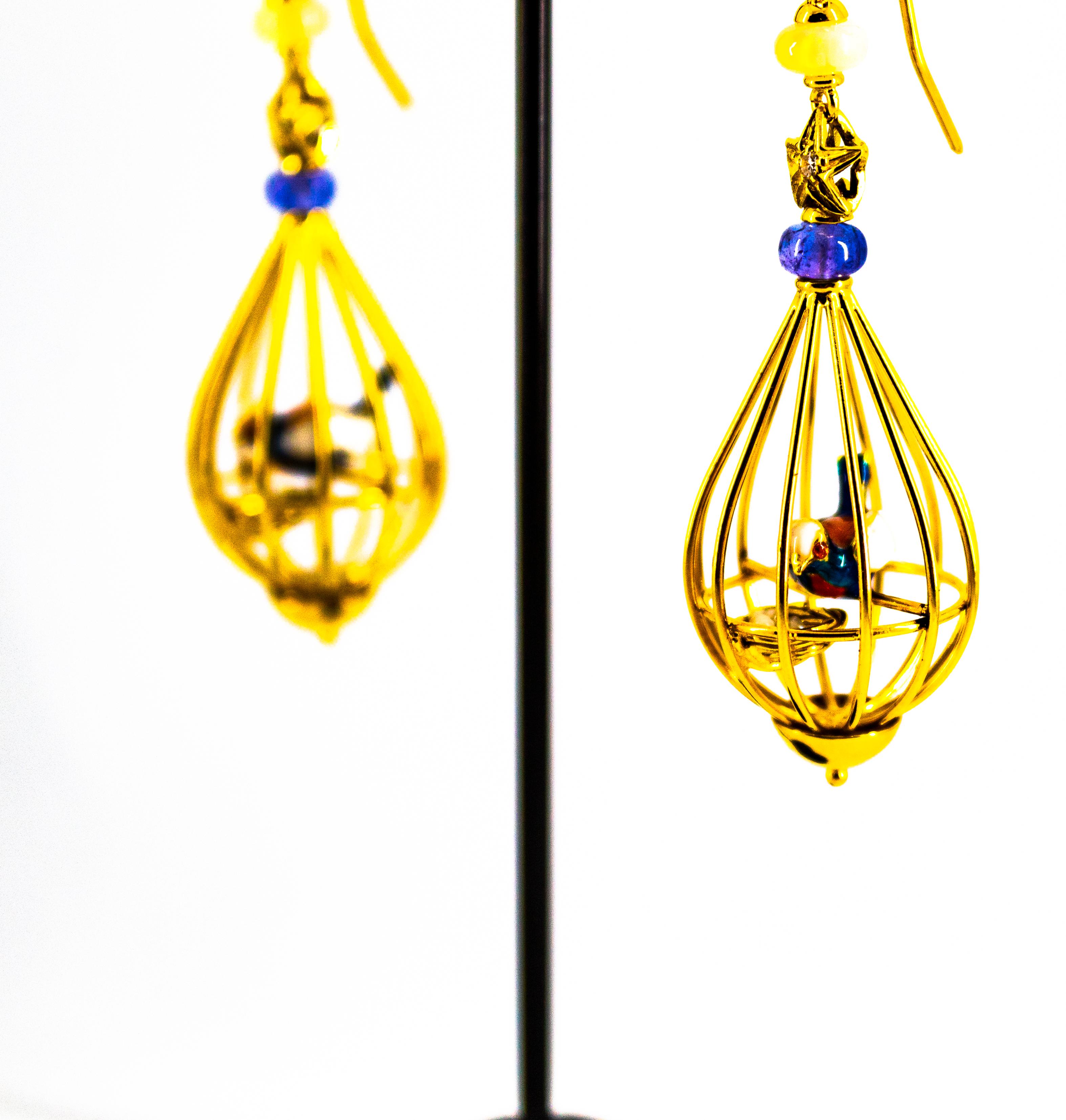 Art Nouveau White Diamond Coral Opal Tanzanite Yellow Gold Birdcage Earrings 9