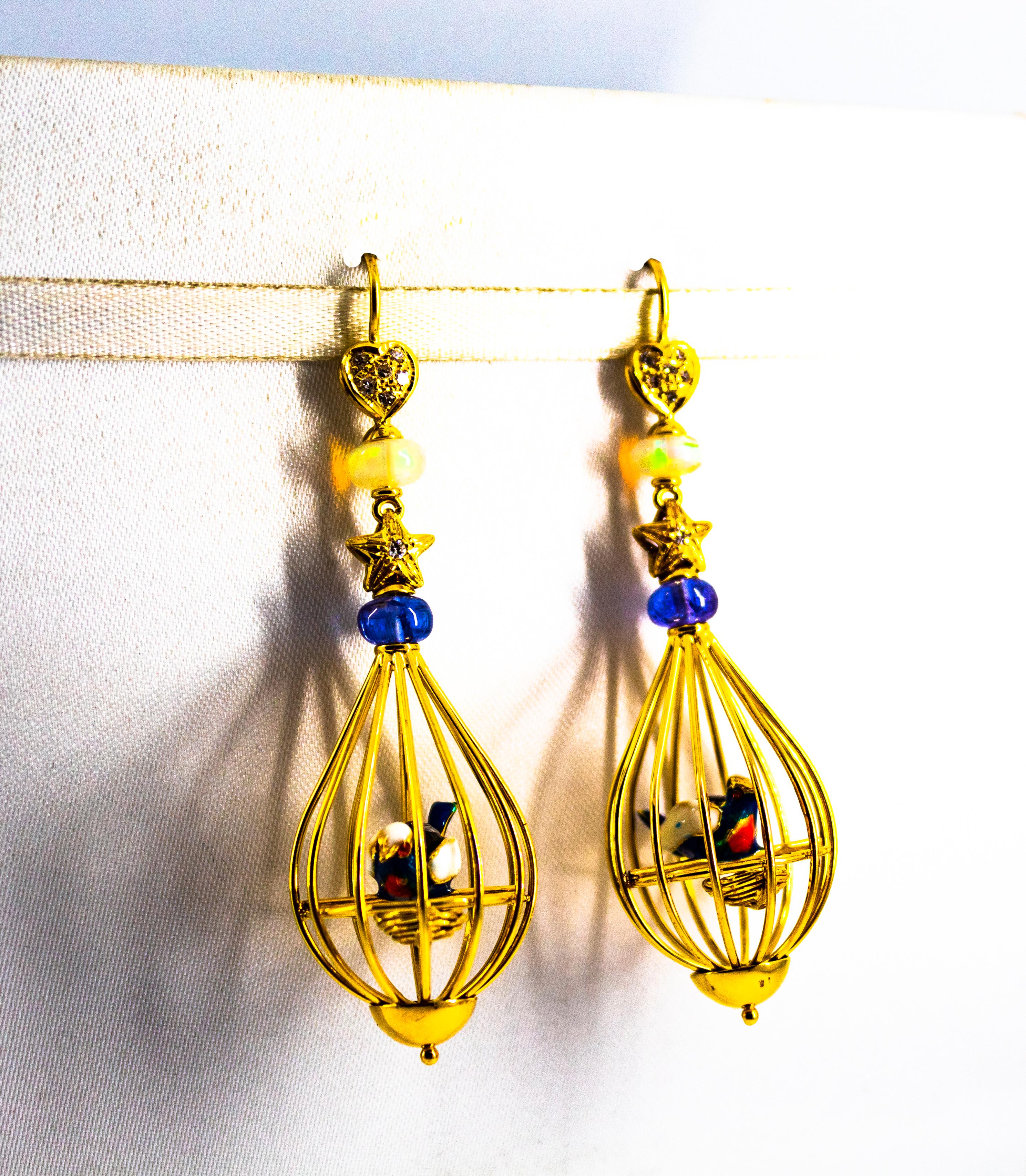 Art Nouveau White Diamond Coral Opal Tanzanite Yellow Gold Birdcage Earrings In New Condition In Naples, IT