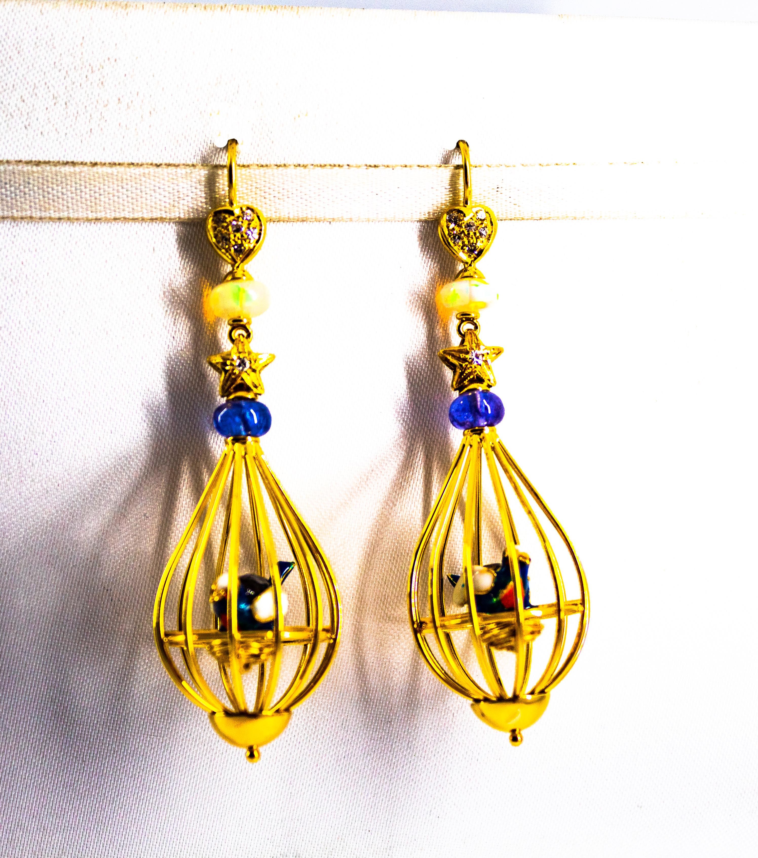 Women's or Men's Art Nouveau White Diamond Coral Opal Tanzanite Yellow Gold Birdcage Earrings