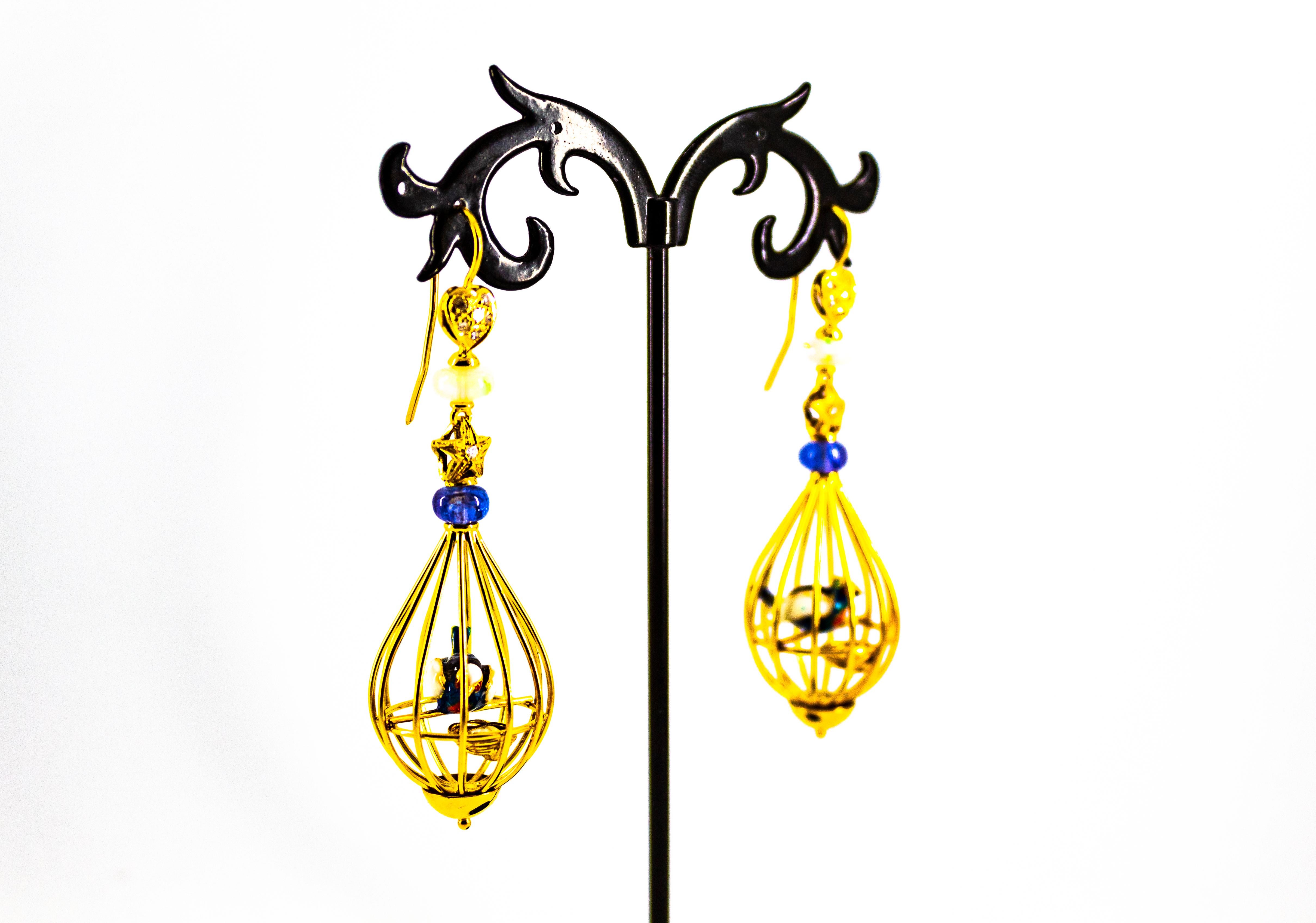 Art Nouveau White Diamond Coral Opal Tanzanite Yellow Gold Birdcage Earrings 3