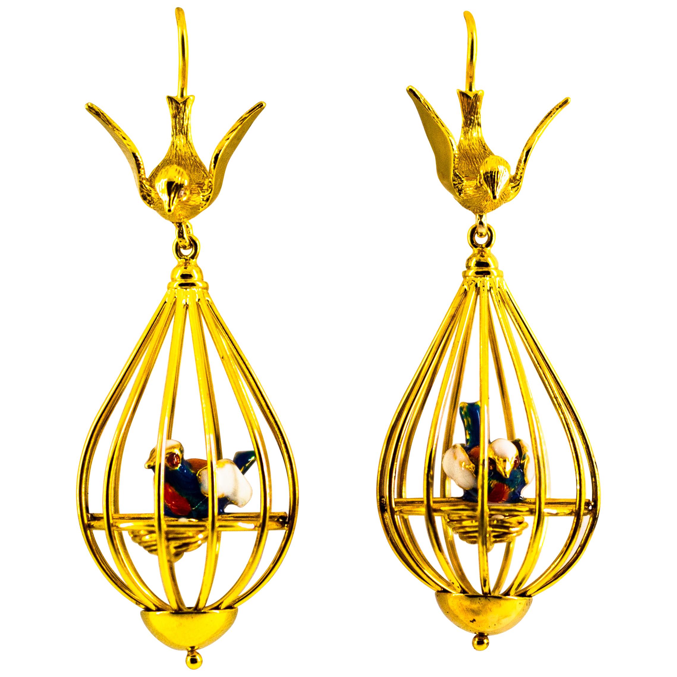 Art Nouveau White Diamond Coral Pearl Enamel Yellow Gold Birdcage Drop Earrings