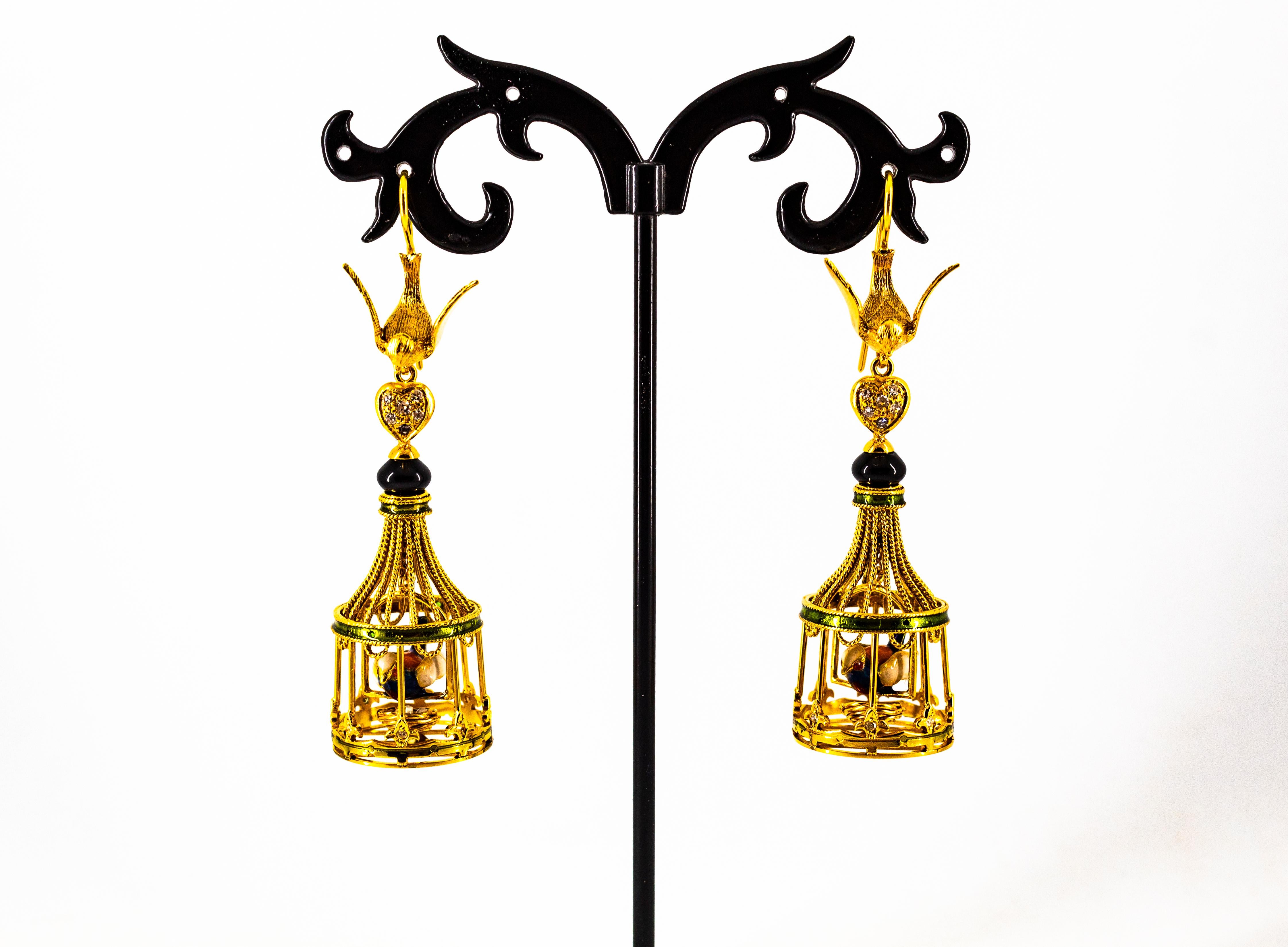 Art Nouveau White Diamond Coral Pearl Onyx Enamel Yellow Gold Birdcage Earrings 5