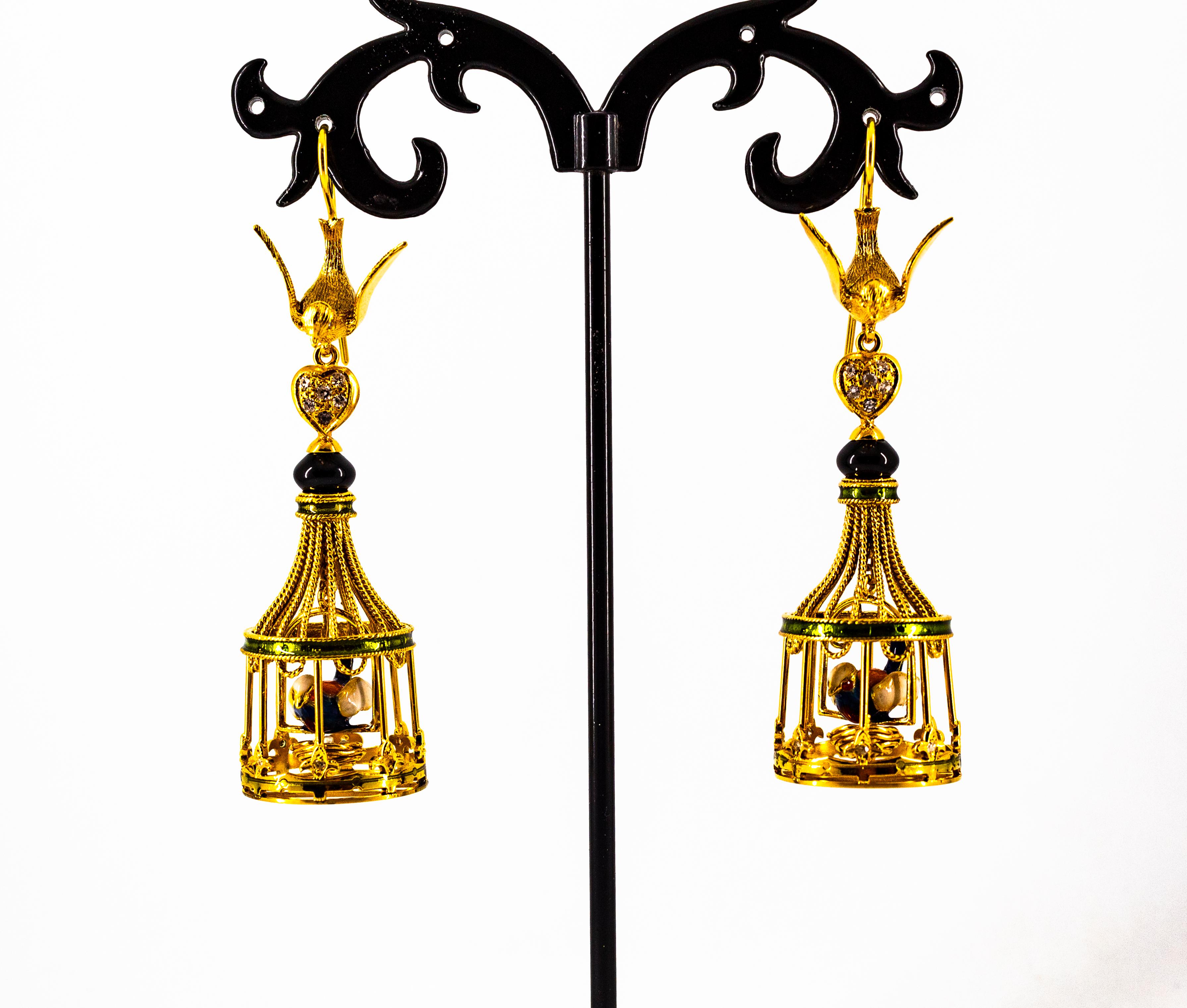 Art Nouveau White Diamond Coral Pearl Onyx Enamel Yellow Gold Birdcage Earrings For Sale 5