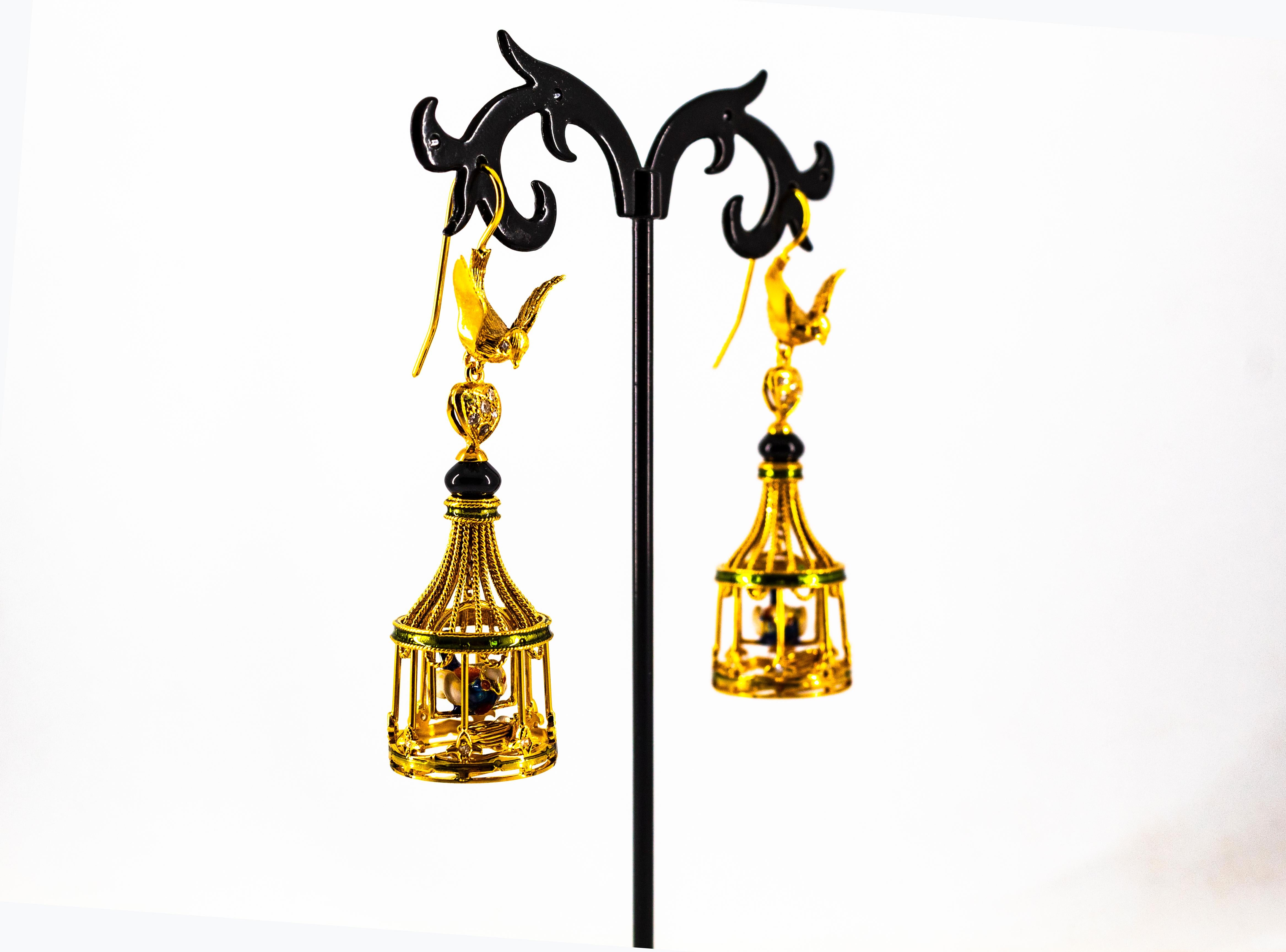 Art Nouveau White Diamond Coral Pearl Onyx Enamel Yellow Gold Birdcage Earrings For Sale 6
