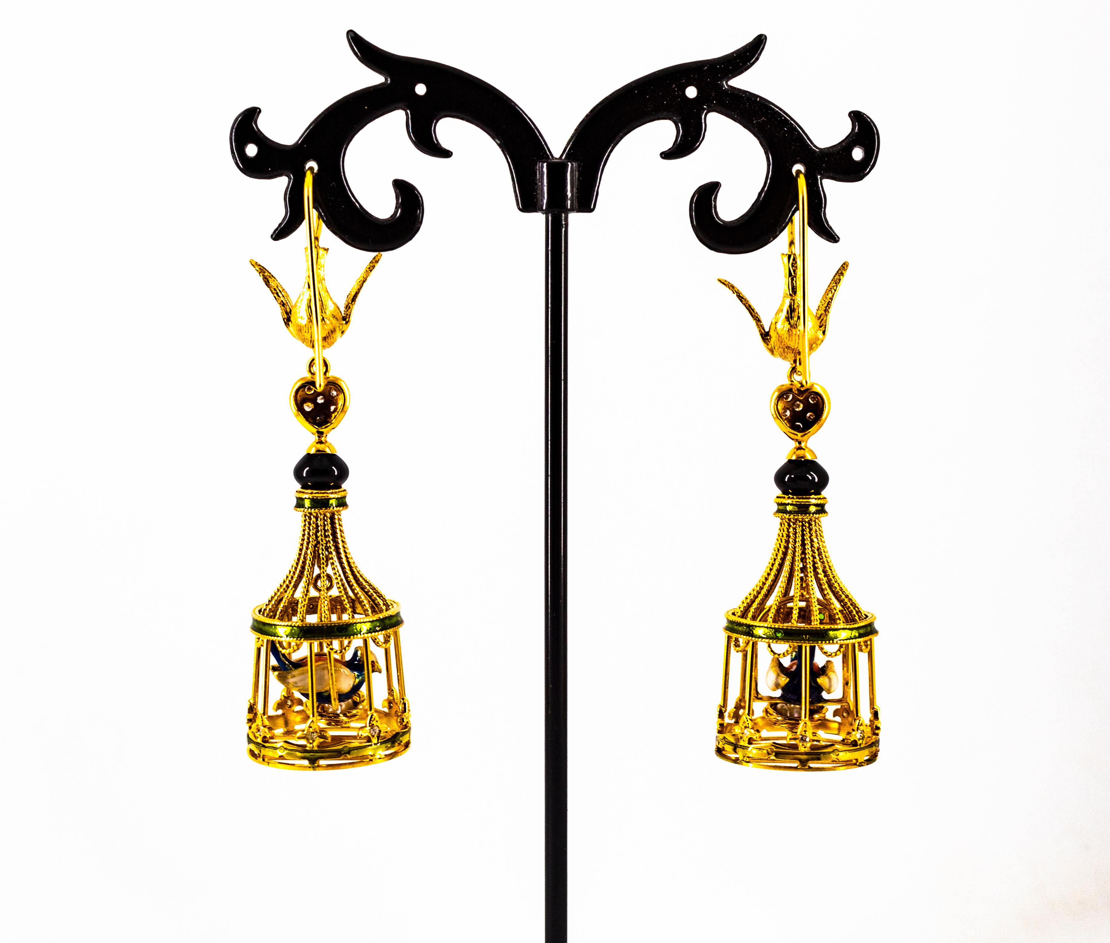 Art Nouveau Blanco Diamante Coral Perla Ónix Esmalte Oro Amarillo Pendientes Jaula en venta 8