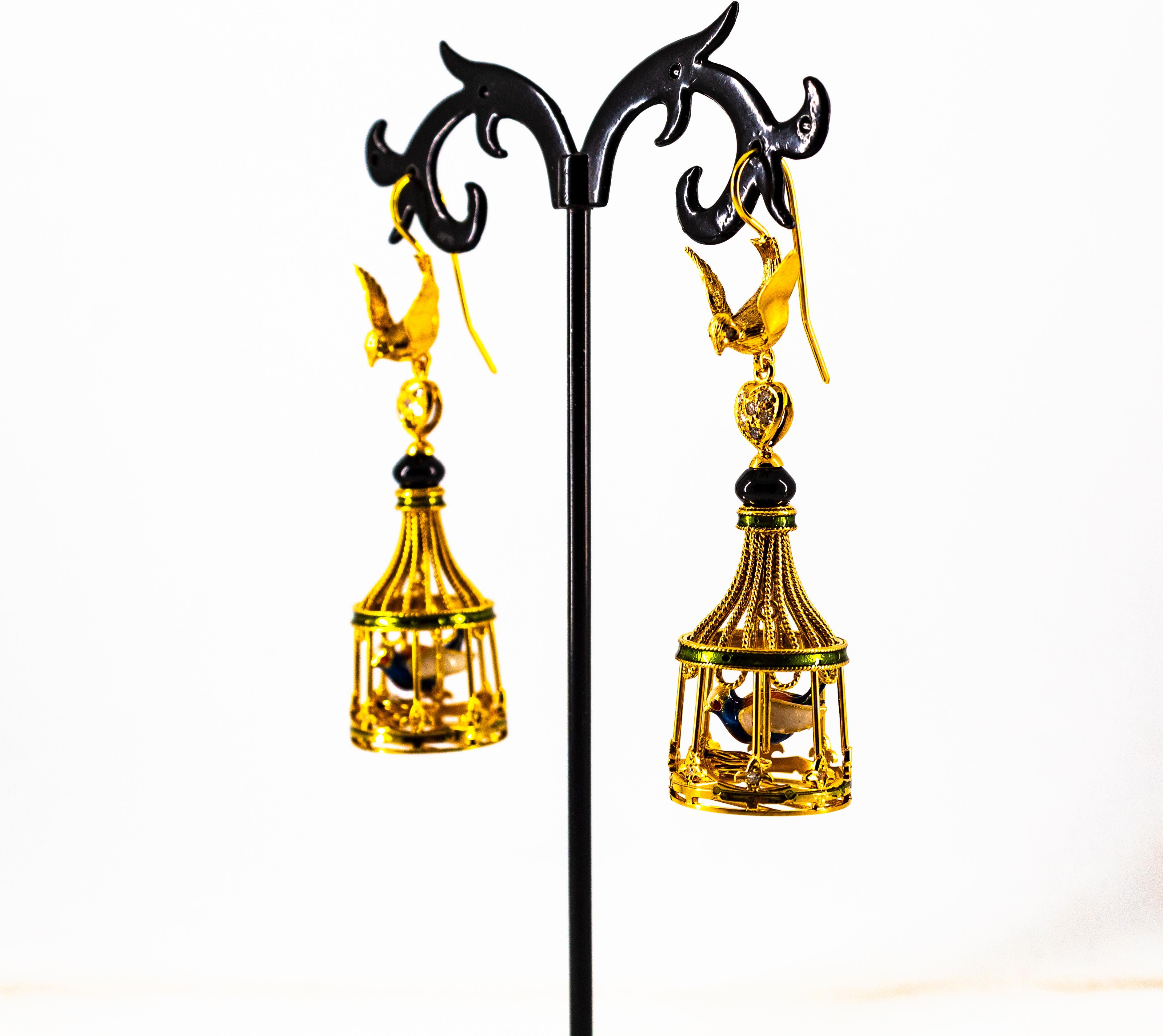 Art Nouveau White Diamond Coral Pearl Onyx Enamel Yellow Gold Birdcage Earrings For Sale 8