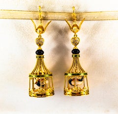 Art Nouveau White Diamond Coral Pearl Onyx Enamel Yellow Gold Birdcage Earrings