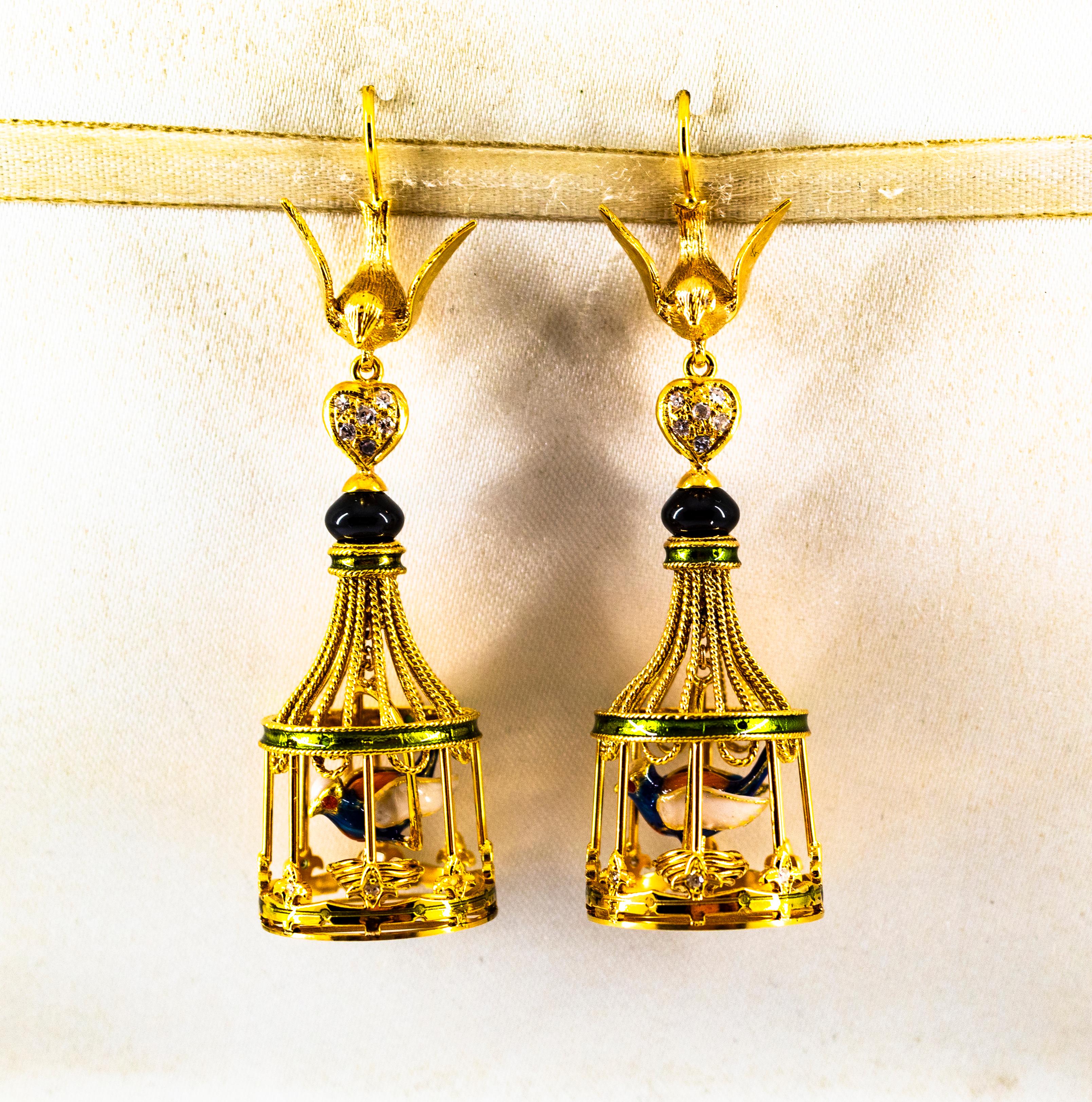 Art Nouveau White Diamond Coral Pearl Onyx Enamel Yellow Gold Birdcage Earrings In New Condition In Naples, IT