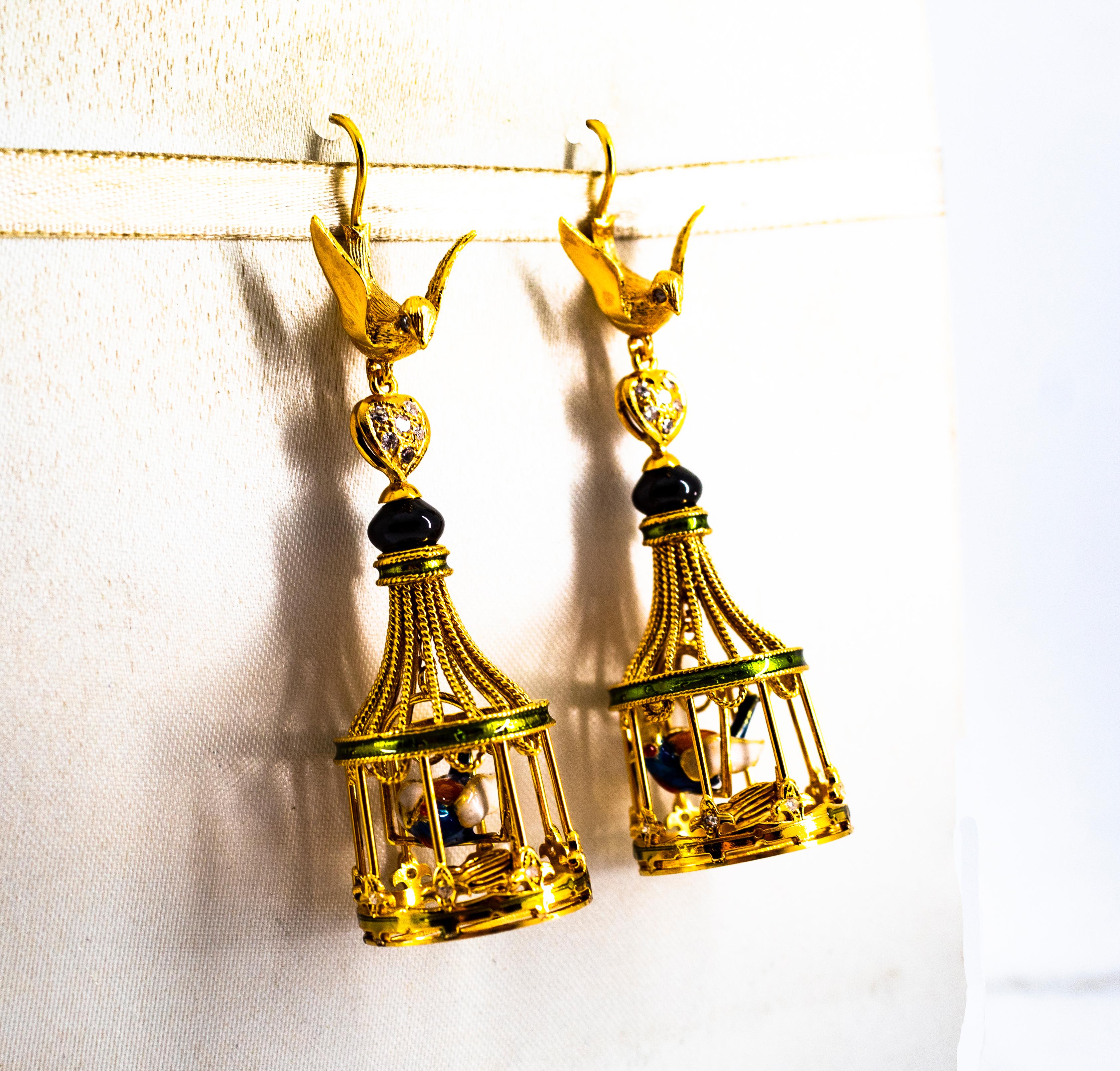 Women's or Men's Art Nouveau White Diamond Coral Pearl Onyx Enamel Yellow Gold Birdcage Earrings