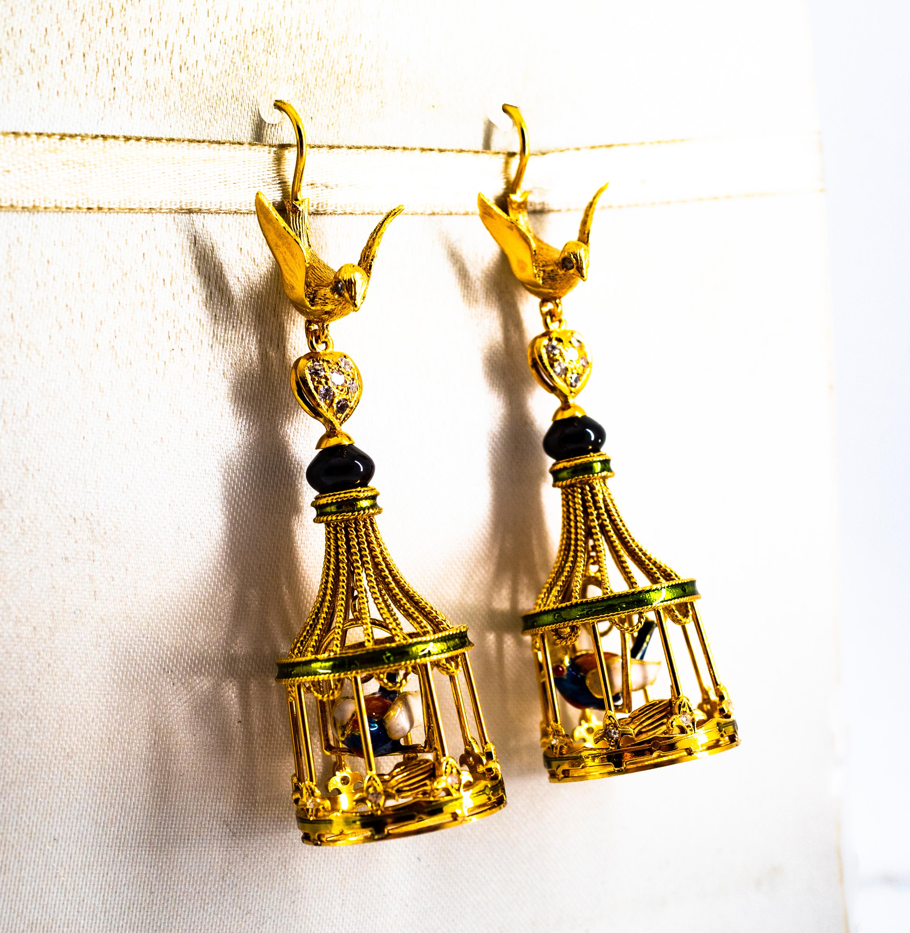 Art Nouveau White Diamond Coral Pearl Onyx Enamel Yellow Gold Birdcage Earrings In New Condition For Sale In Naples, IT