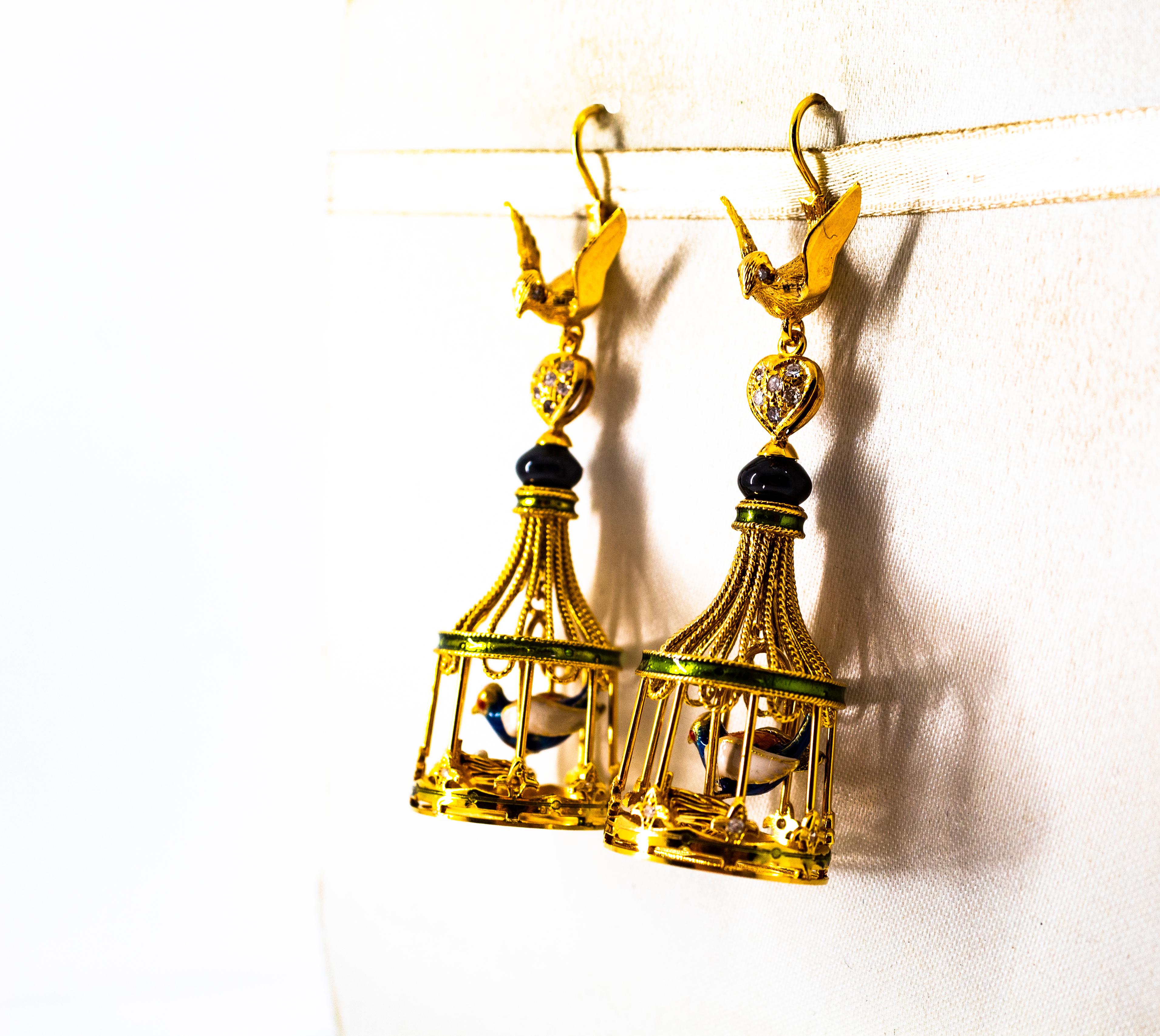 Art Nouveau White Diamond Coral Pearl Onyx Enamel Yellow Gold Birdcage Earrings 1