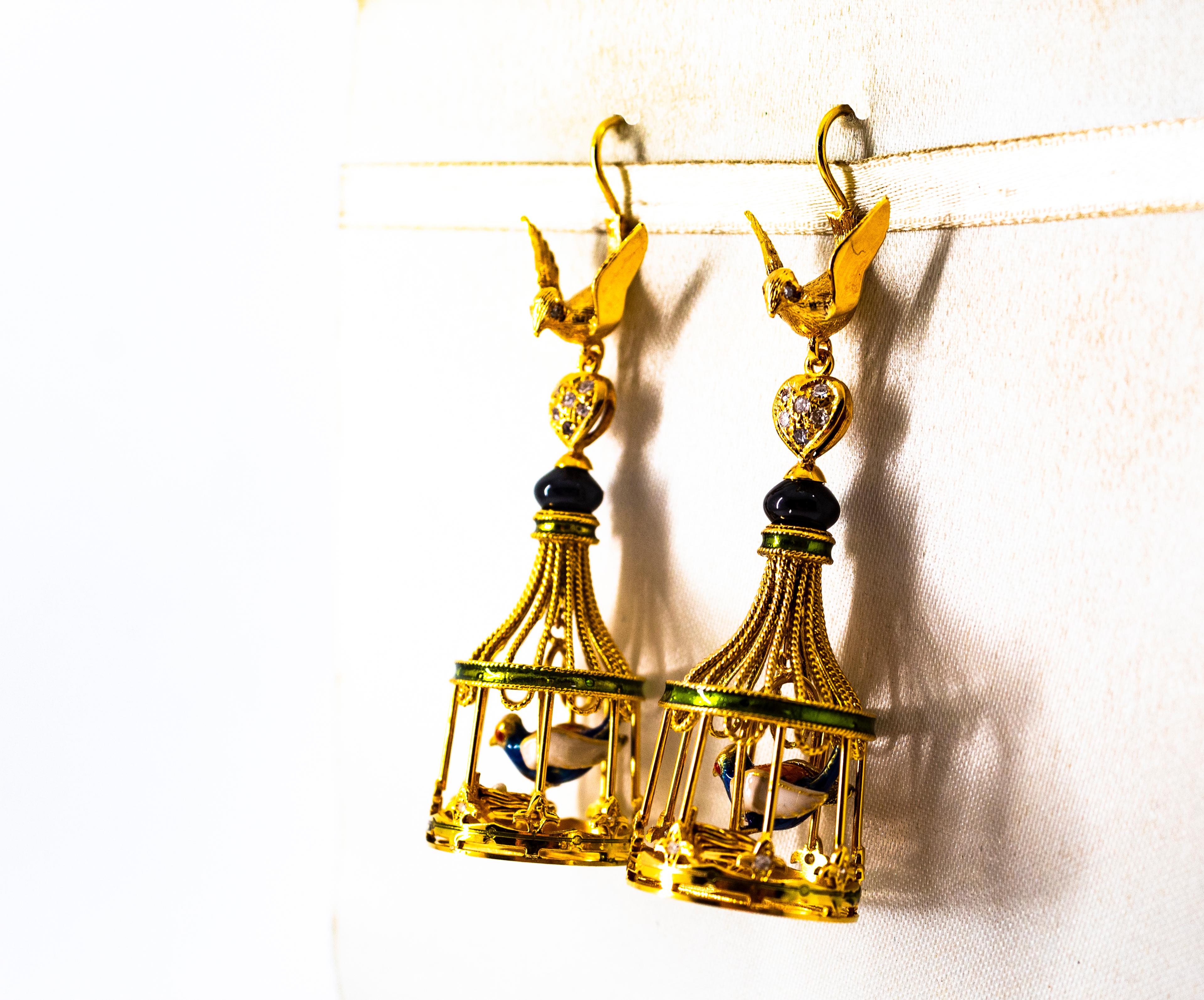 Art Nouveau White Diamond Coral Pearl Onyx Enamel Yellow Gold Birdcage Earrings For Sale 1