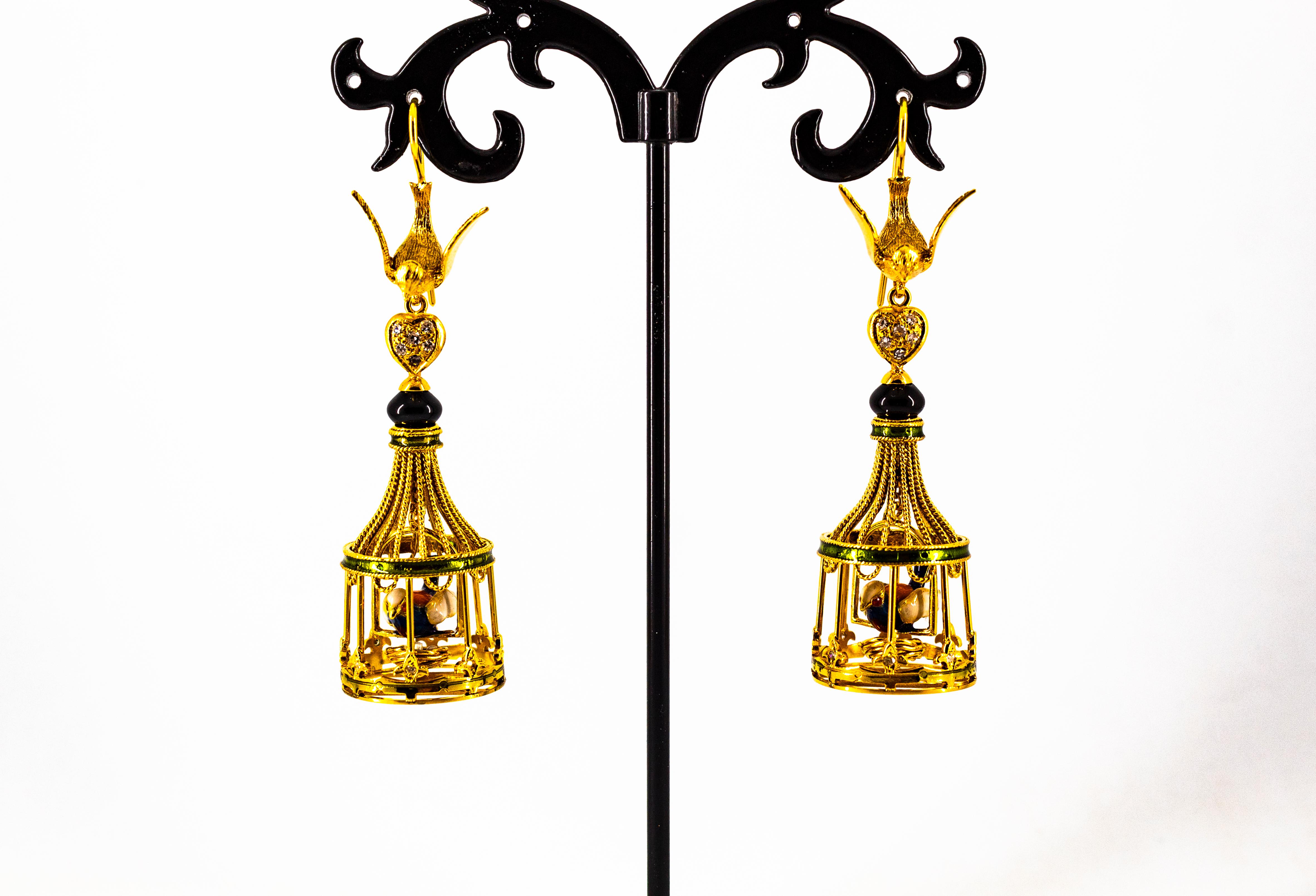 Art Nouveau White Diamond Coral Pearl Onyx Enamel Yellow Gold Birdcage Earrings For Sale 3