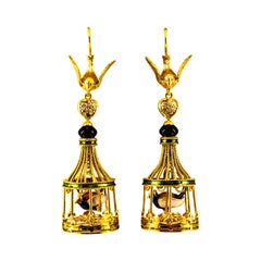 Art Nouveau White Diamond Coral Pearl Onyx Enamel Yellow Gold Birdcage Earrings