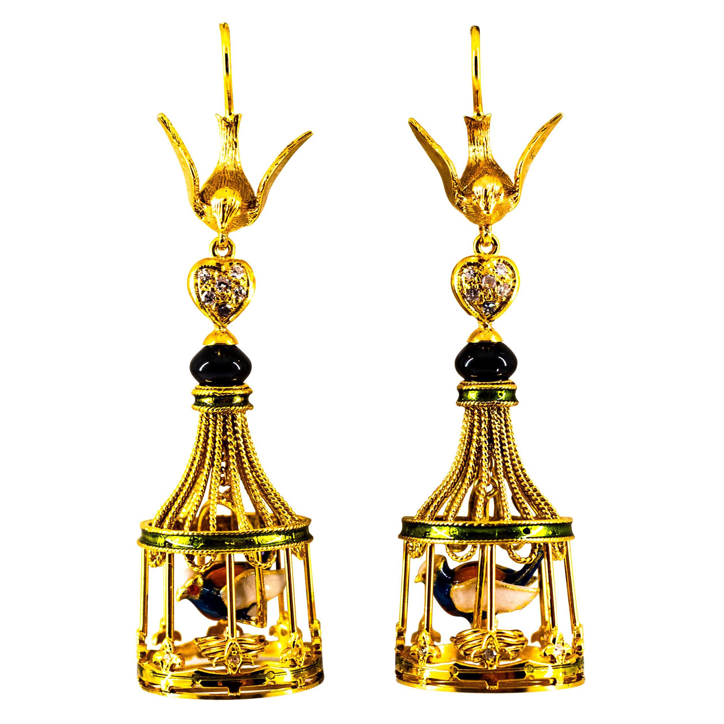 Art Nouveau White Diamond Coral Pearl Onyx Enamel Yellow Gold Birdcage Earrings For Sale