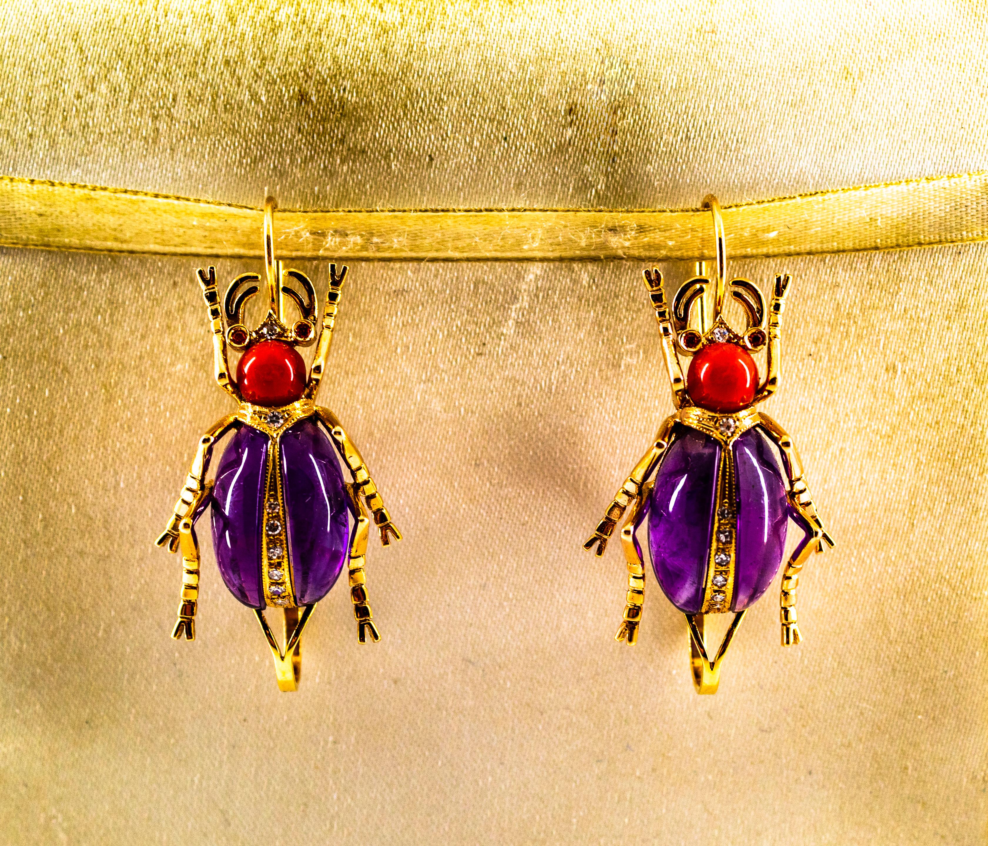 Art Nouveau White Diamond Coral Ruby Amethyst Yellow Gold Lever-Back Earrings For Sale 5