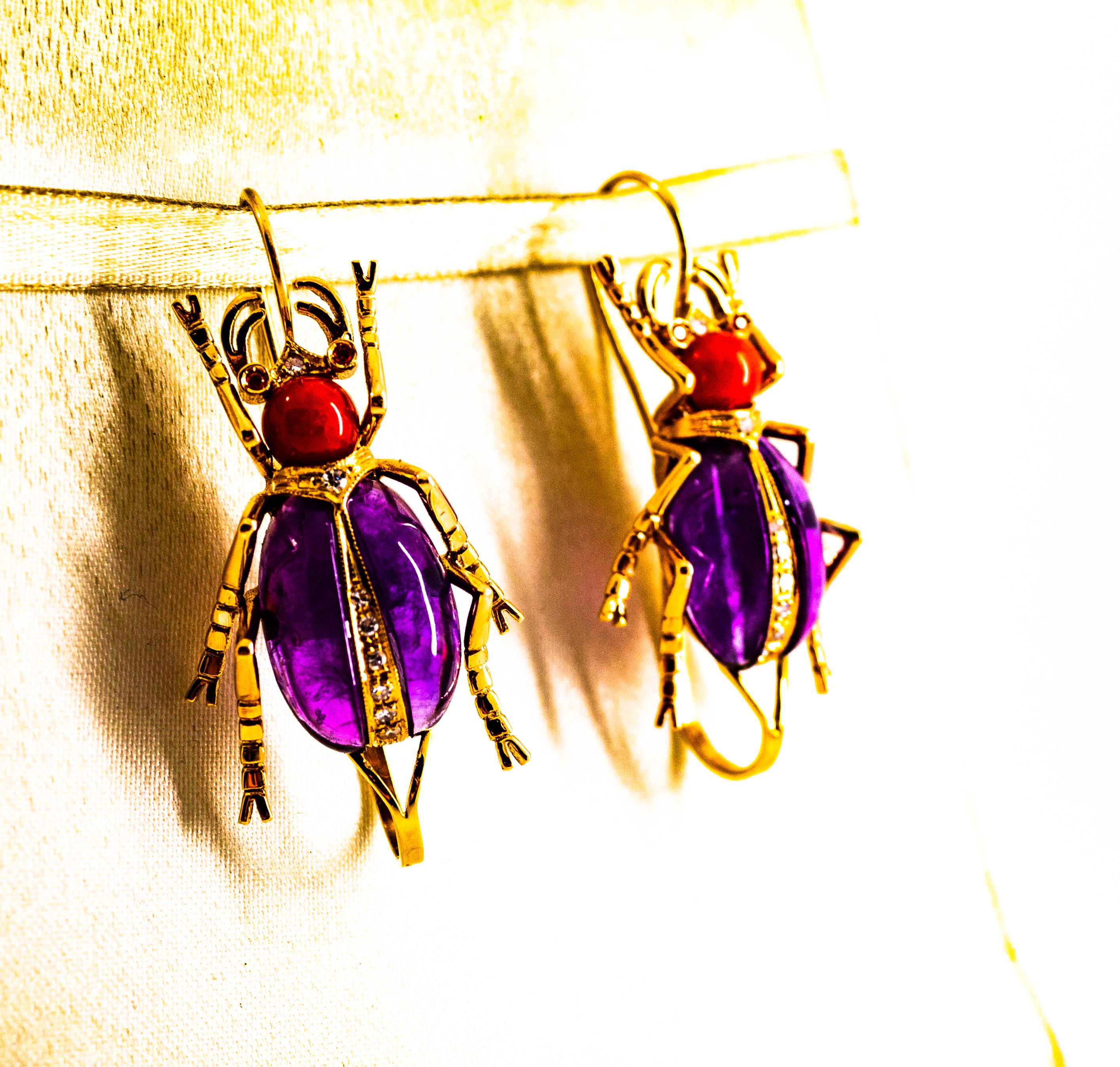 Art Nouveau Pendientes Palanca Oro Amarillo Diamante Blanco Coral Rubí Amatista 6
