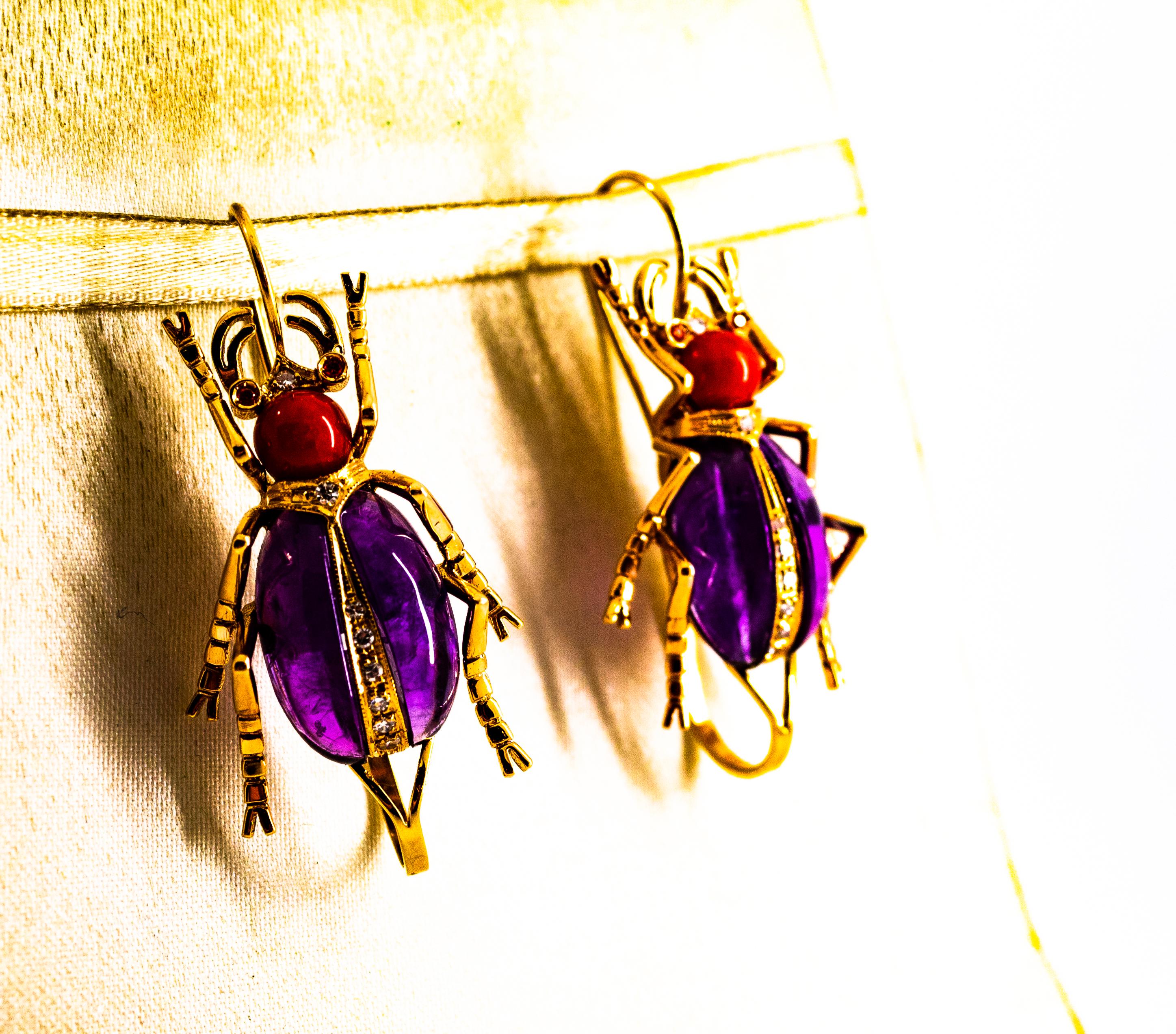 Art Nouveau White Diamond Coral Ruby Amethyst Yellow Gold Lever-Back Earrings For Sale 7