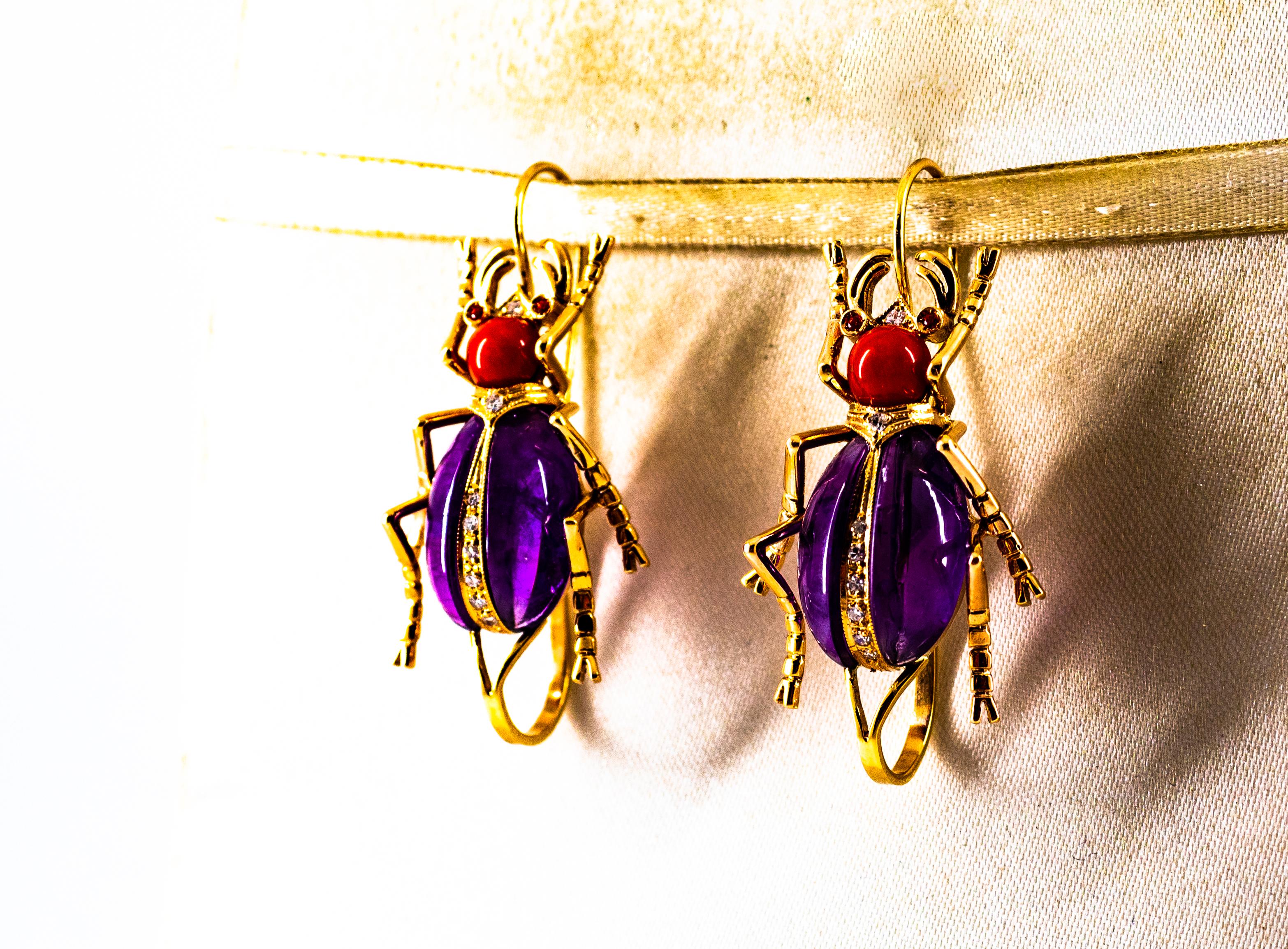 Art Nouveau White Diamond Coral Ruby Amethyst Yellow Gold Lever-Back Earrings For Sale 8