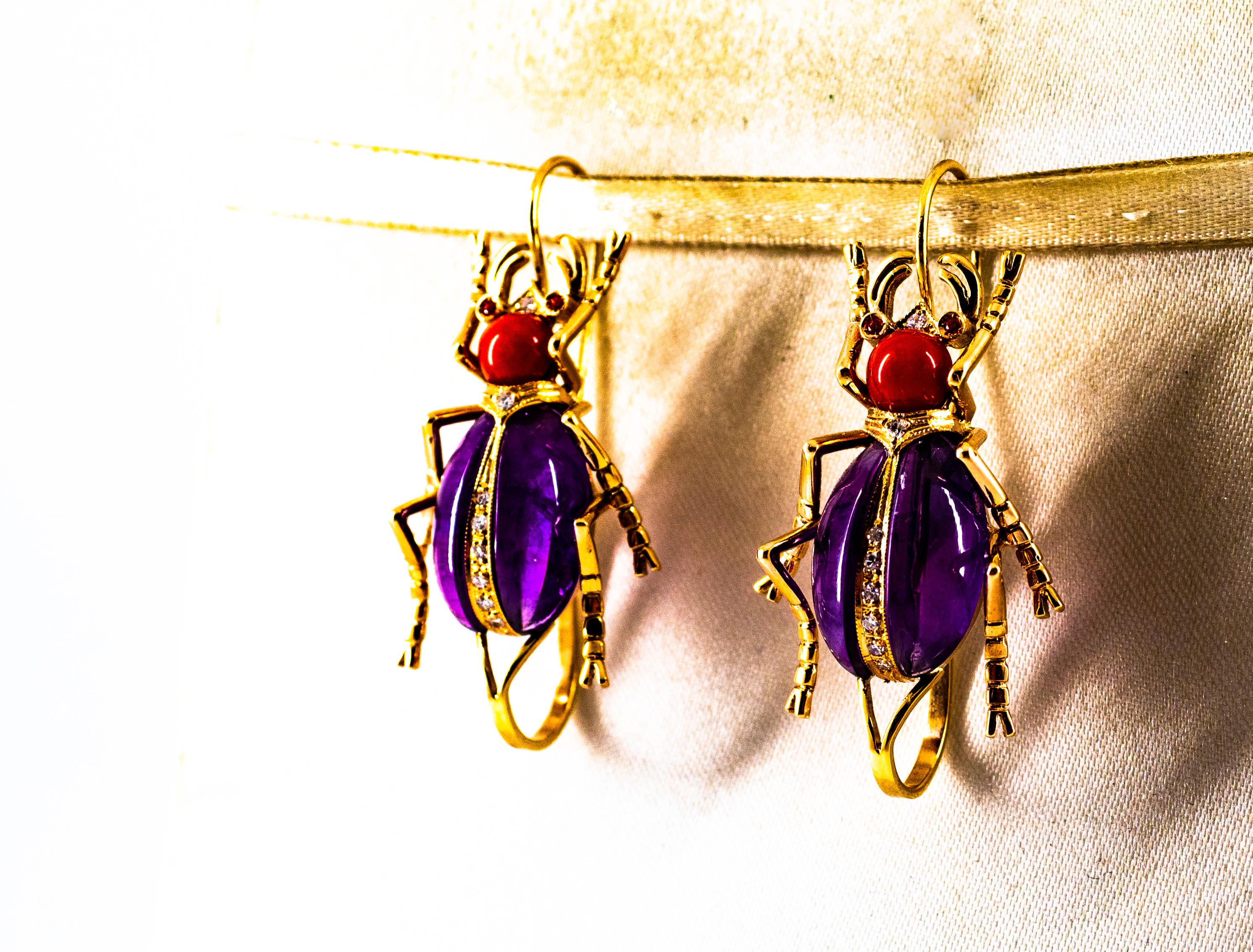Art Nouveau White Diamond Coral Ruby Amethyst Yellow Gold Lever-Back Earrings For Sale 9