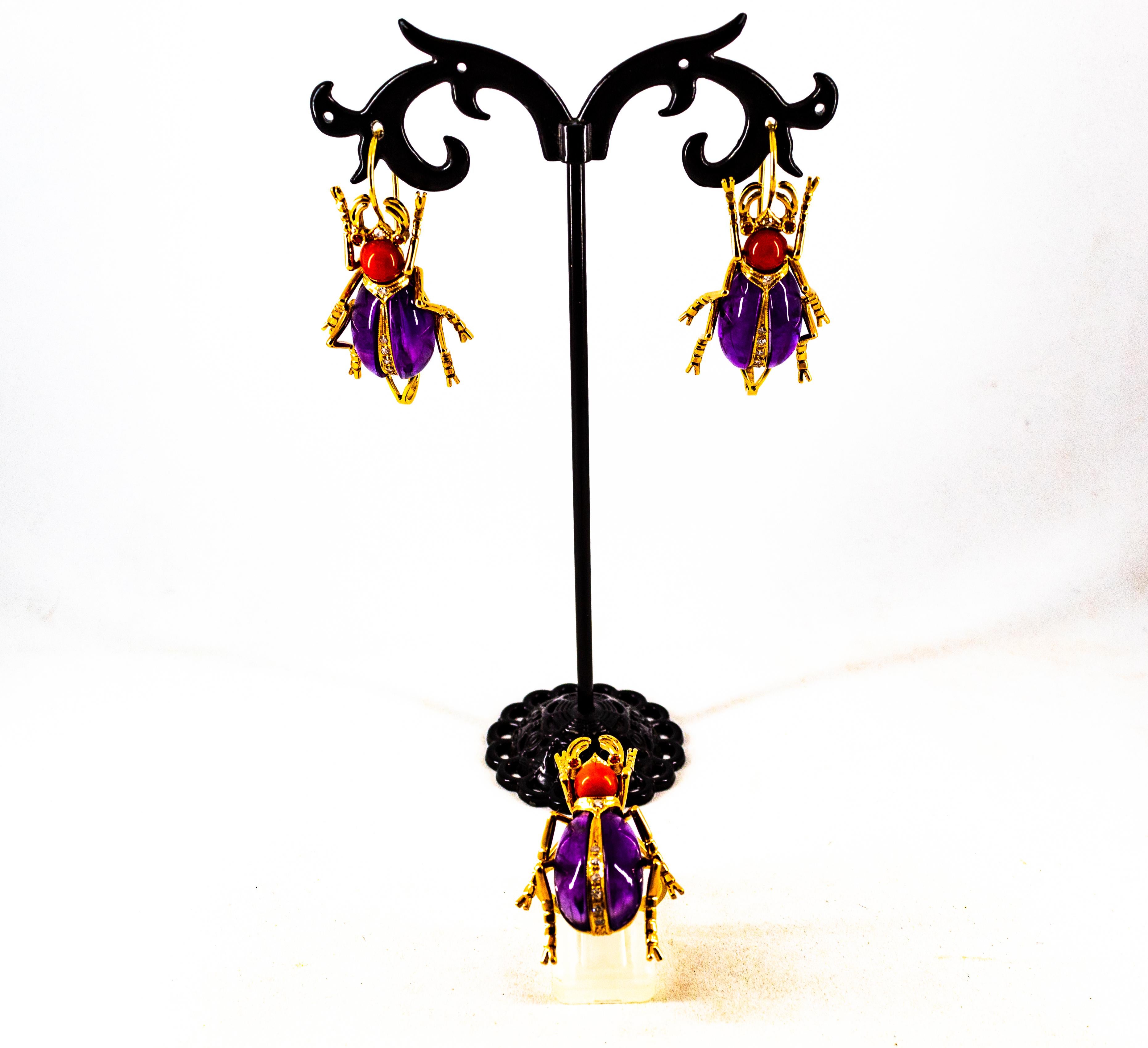Art Nouveau White Diamond Coral Ruby Amethyst Yellow Gold Lever-Back Earrings For Sale 10