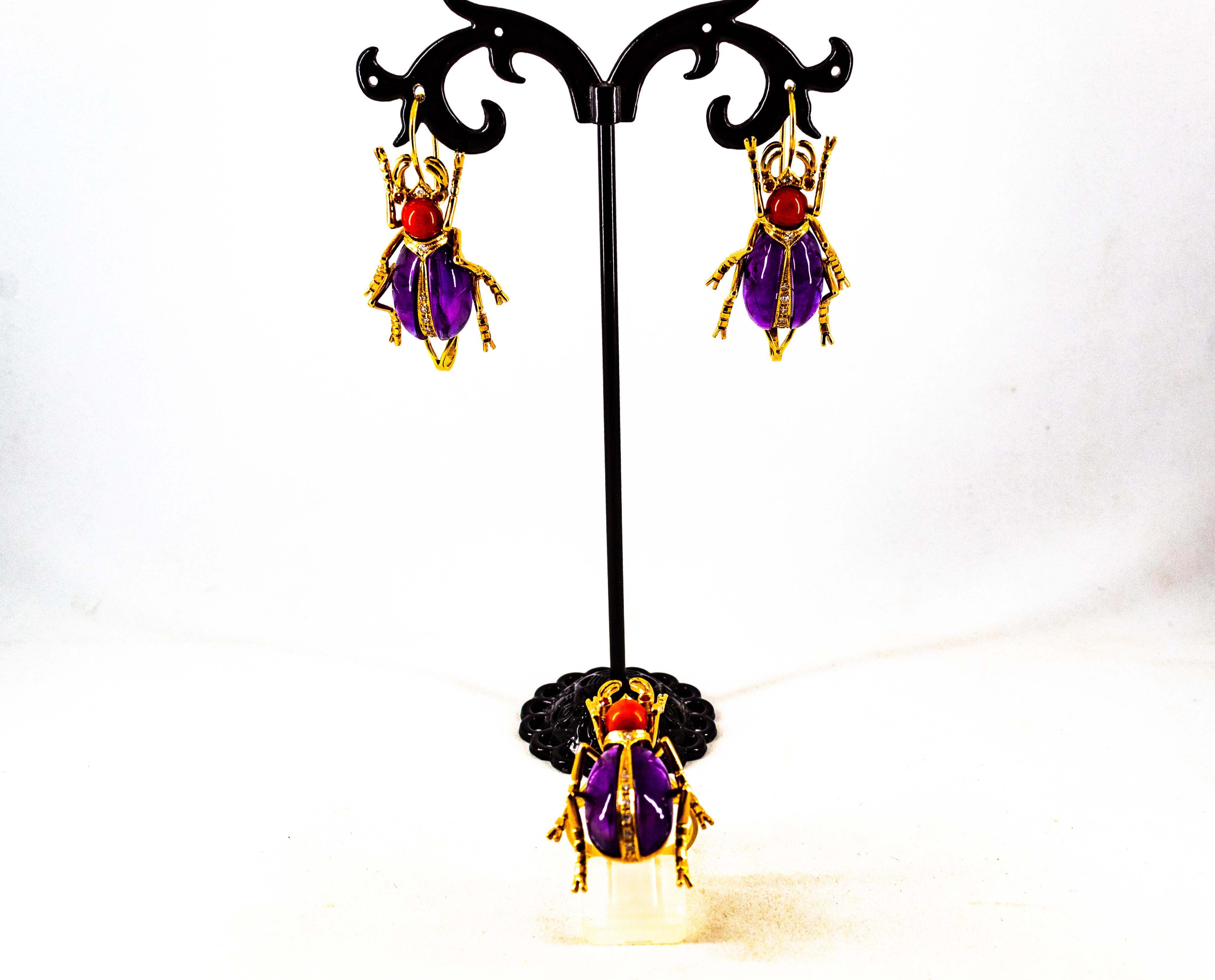 Art Nouveau White Diamond Coral Ruby Amethyst Yellow Gold Lever-Back Earrings For Sale 11