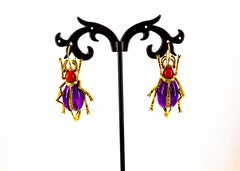 Art Nouveau White Diamond Coral Ruby Amethyst Yellow Gold Lever-Back Earrings