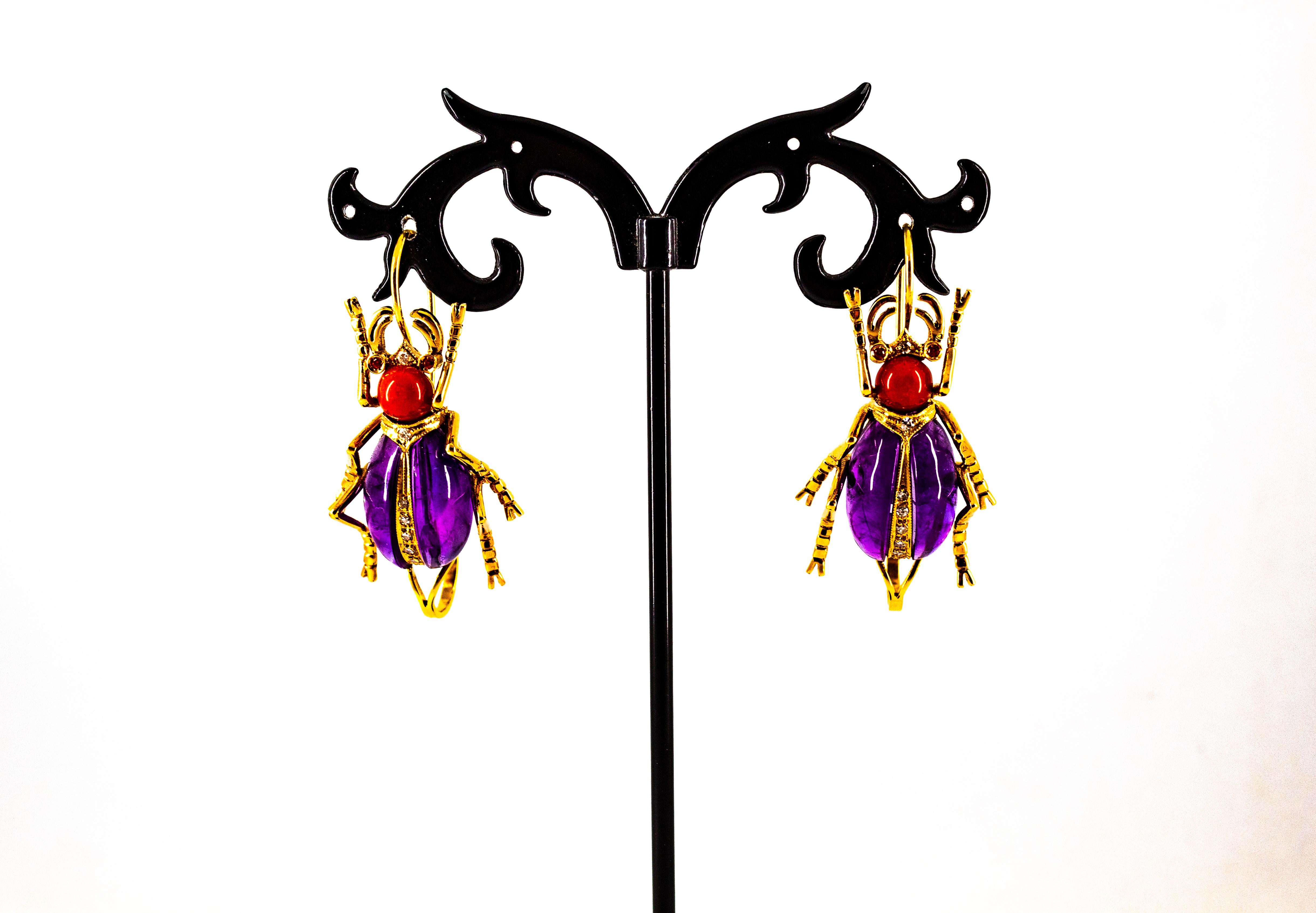 Brilliant Cut Art Nouveau White Diamond Coral Ruby Amethyst Yellow Gold Lever-Back Earrings For Sale