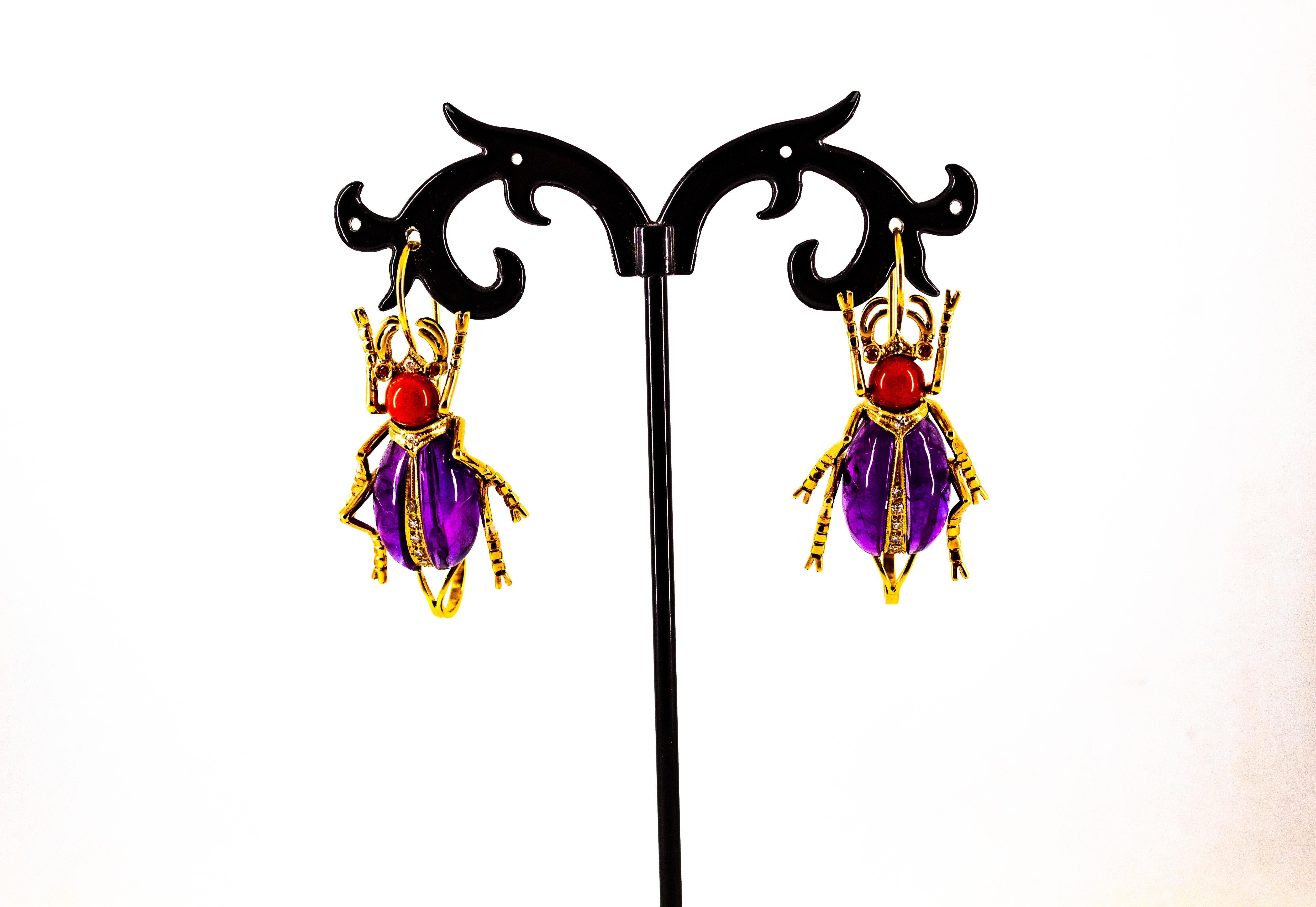 Art Nouveau White Diamond Coral Ruby Amethyst Yellow Gold Lever-Back Earrings In New Condition For Sale In Naples, IT