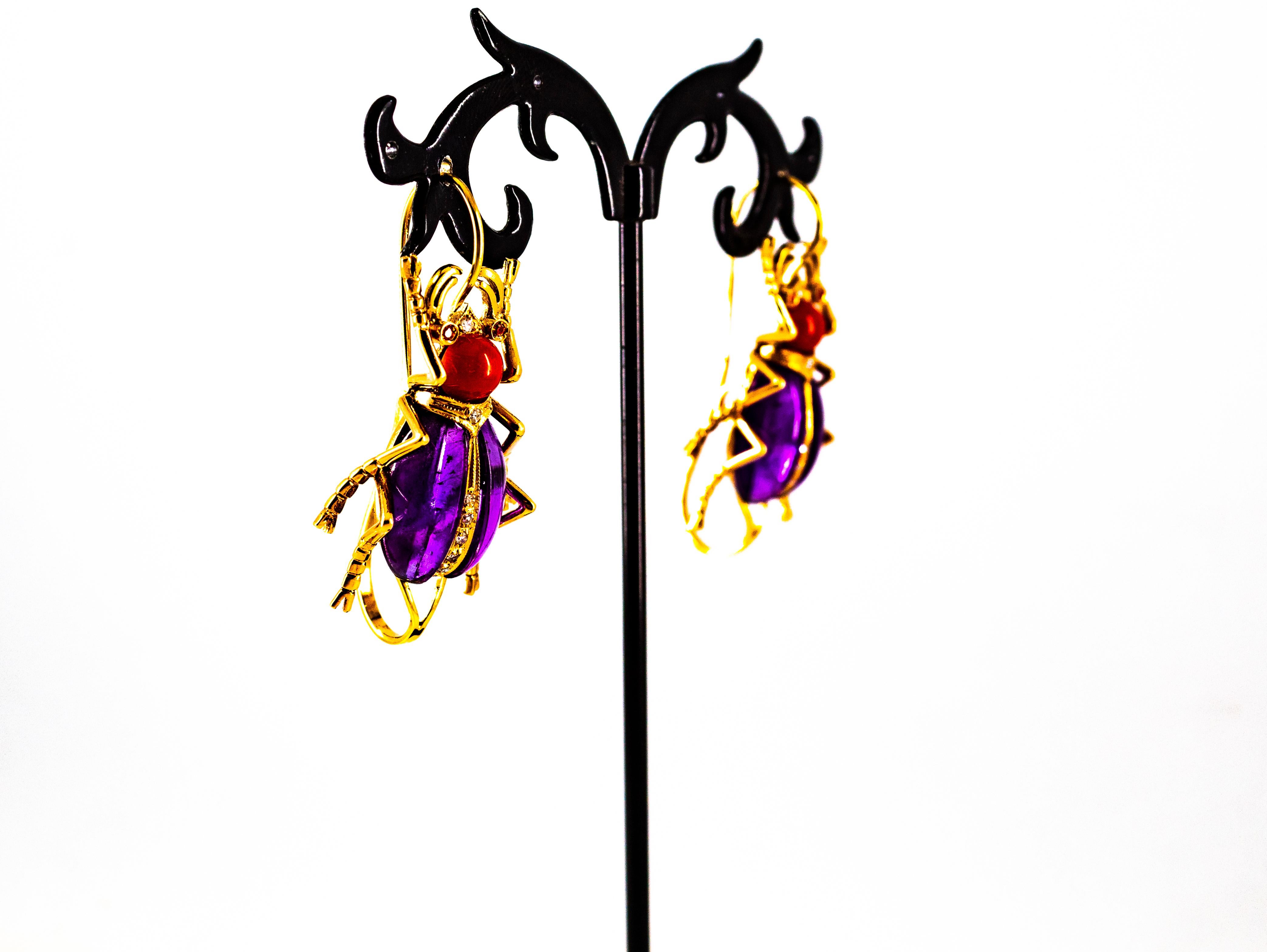 Women's or Men's Art Nouveau White Diamond Coral Ruby Amethyst Yellow Gold Lever-Back Earrings For Sale