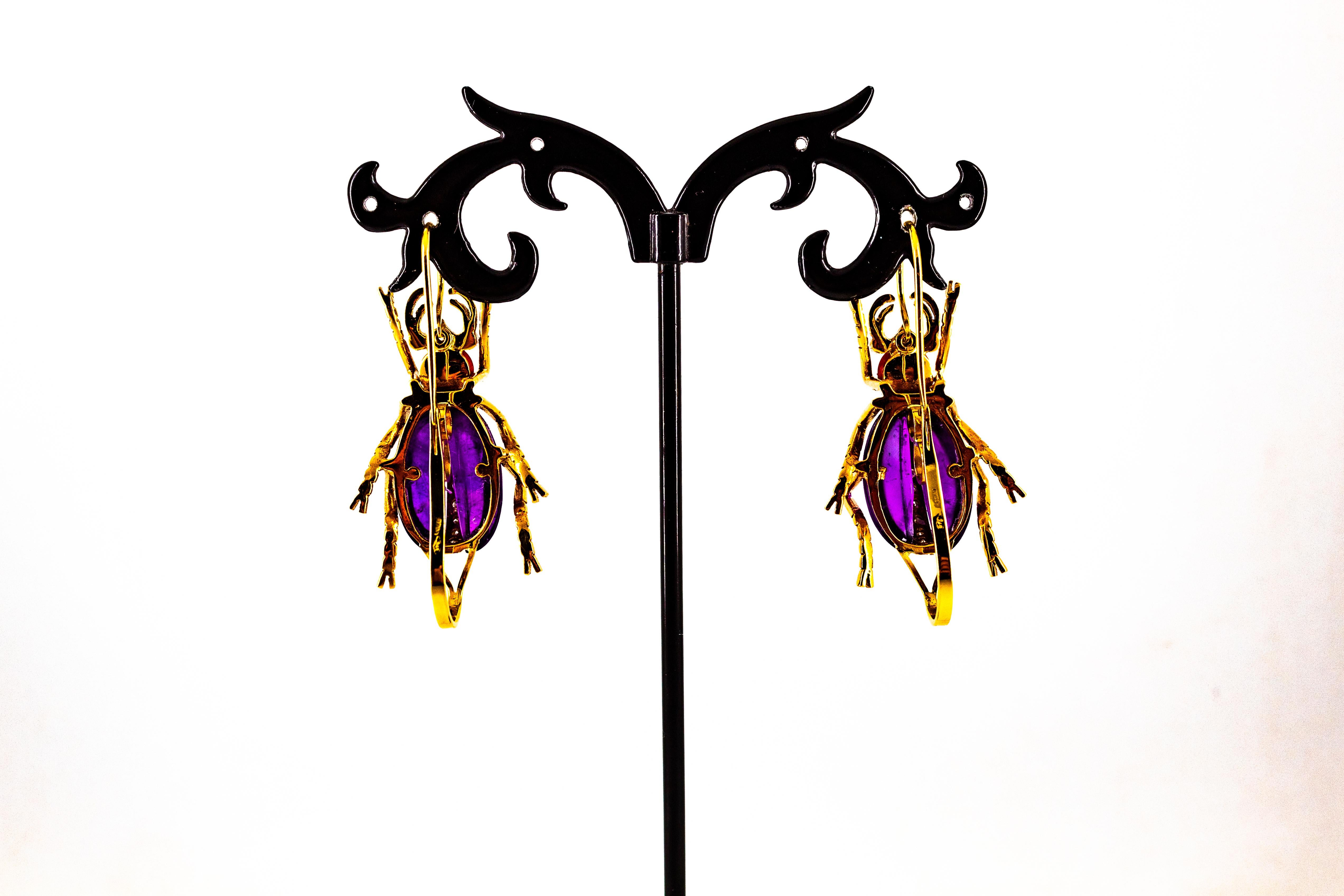 Art Nouveau White Diamond Coral Ruby Amethyst Yellow Gold Lever-Back Earrings For Sale 2