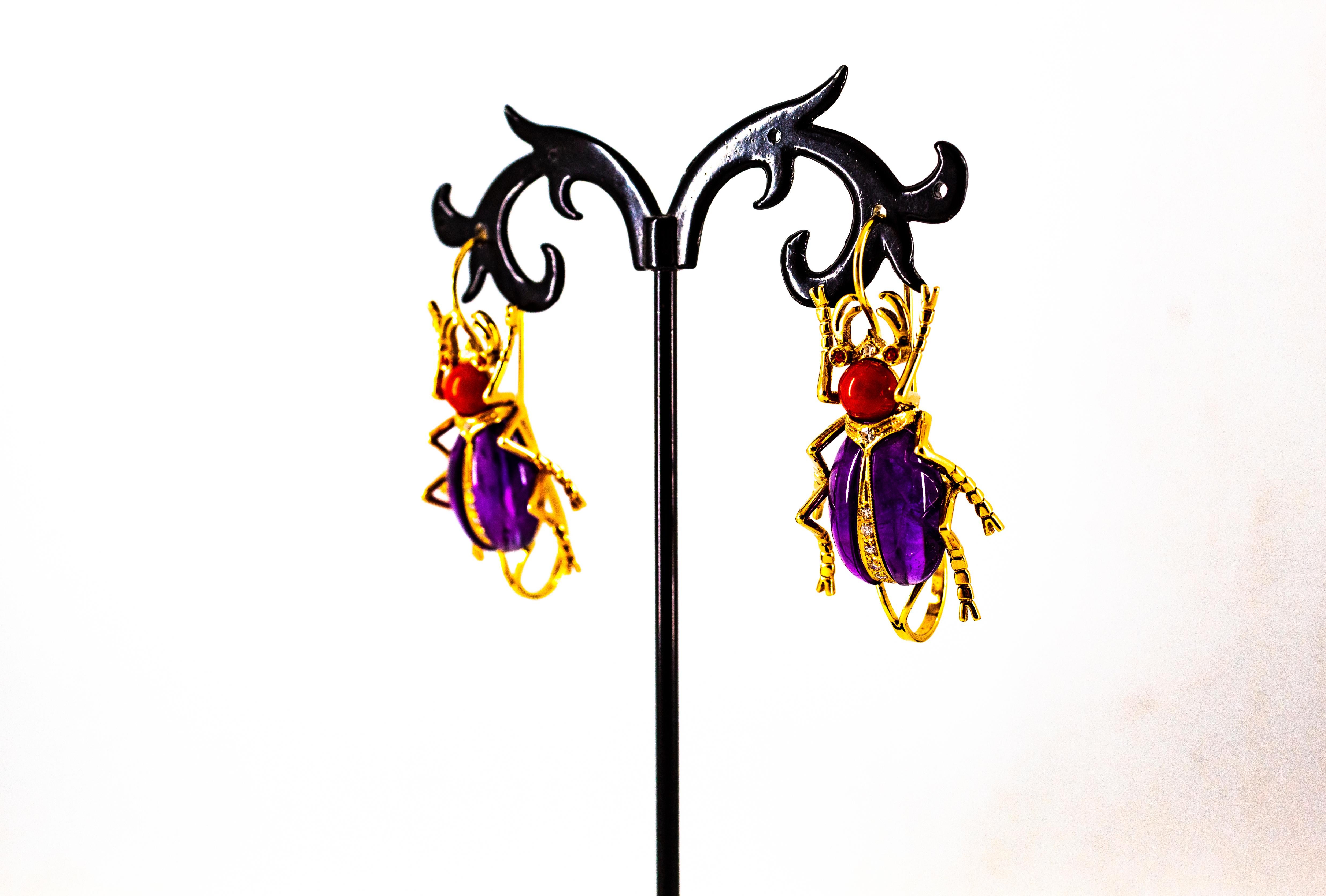 Art Nouveau White Diamond Coral Ruby Amethyst Yellow Gold Lever-Back Earrings For Sale 3