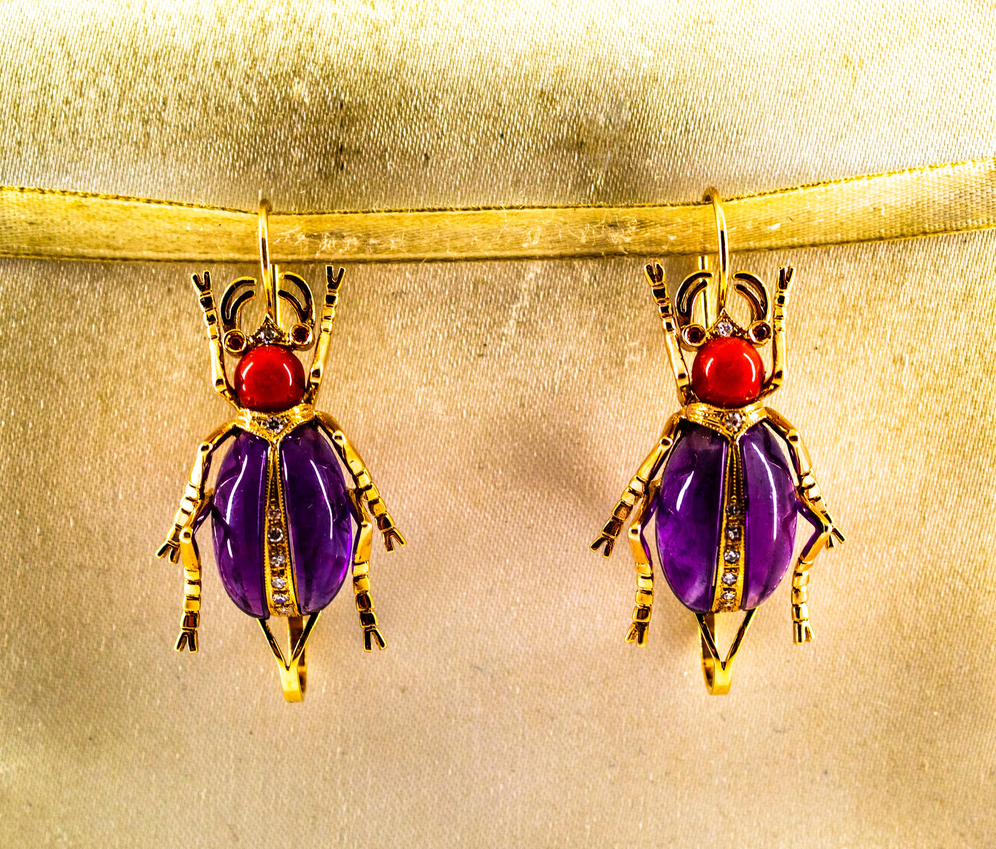 Art Nouveau White Diamond Coral Ruby Amethyst Yellow Gold Lever-Back Earrings For Sale 4