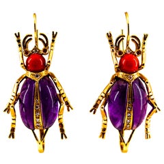 Art Nouveau White Diamond Coral Ruby Amethyst Yellow Gold Lever-Back Earrings