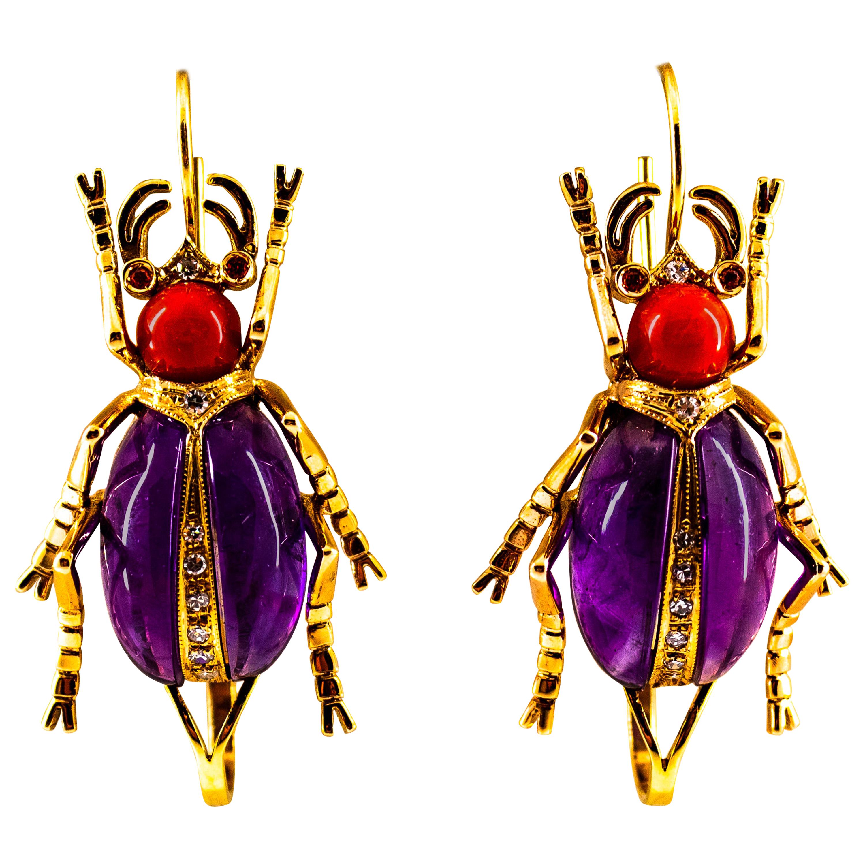 Art Nouveau White Diamond Coral Ruby Amethyst Yellow Gold Lever-Back Earrings For Sale