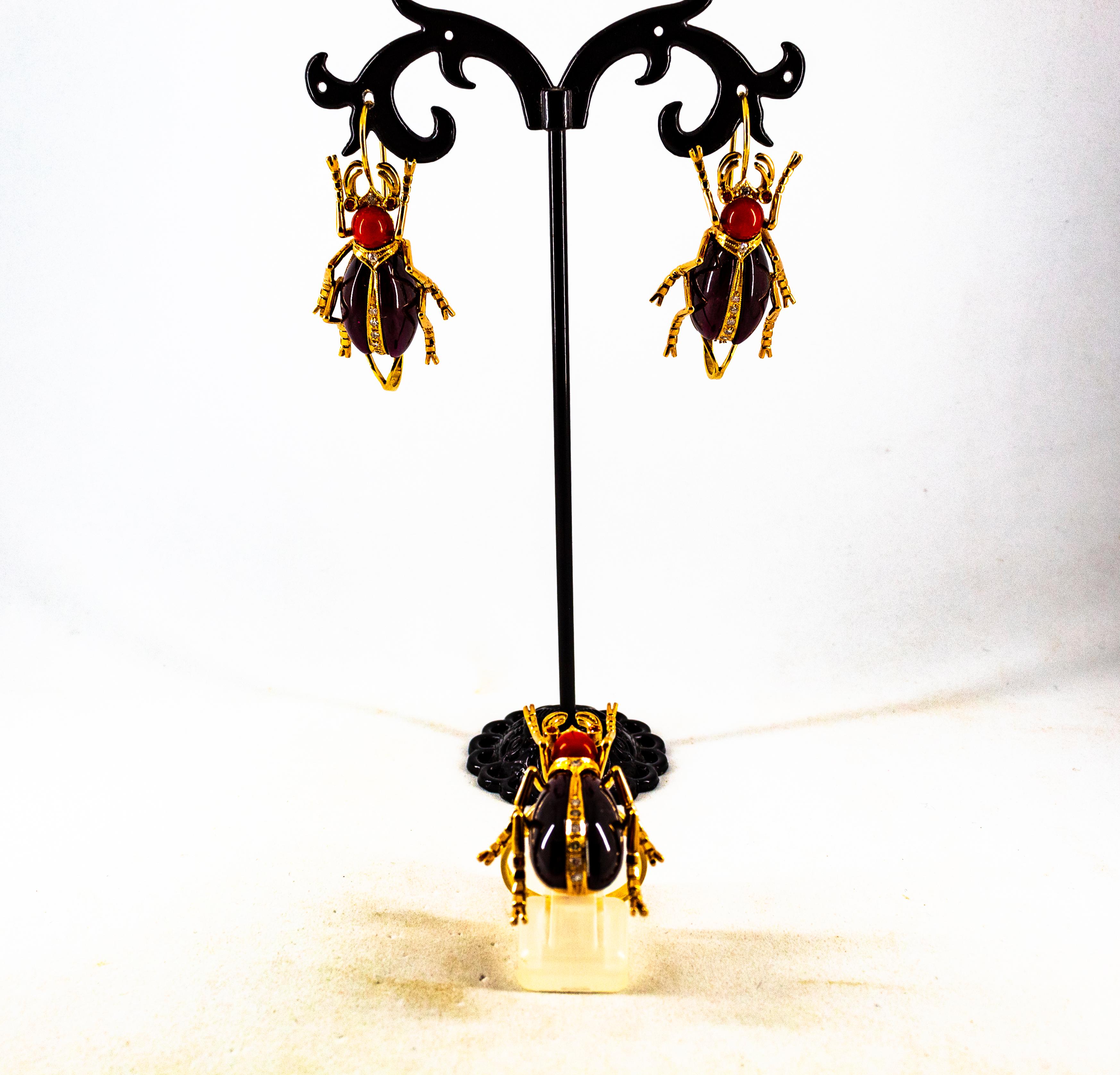 Art Nouveau White Diamond Coral Ruby Garnet Yellow Gold Lever-Back Earrings en venta 5