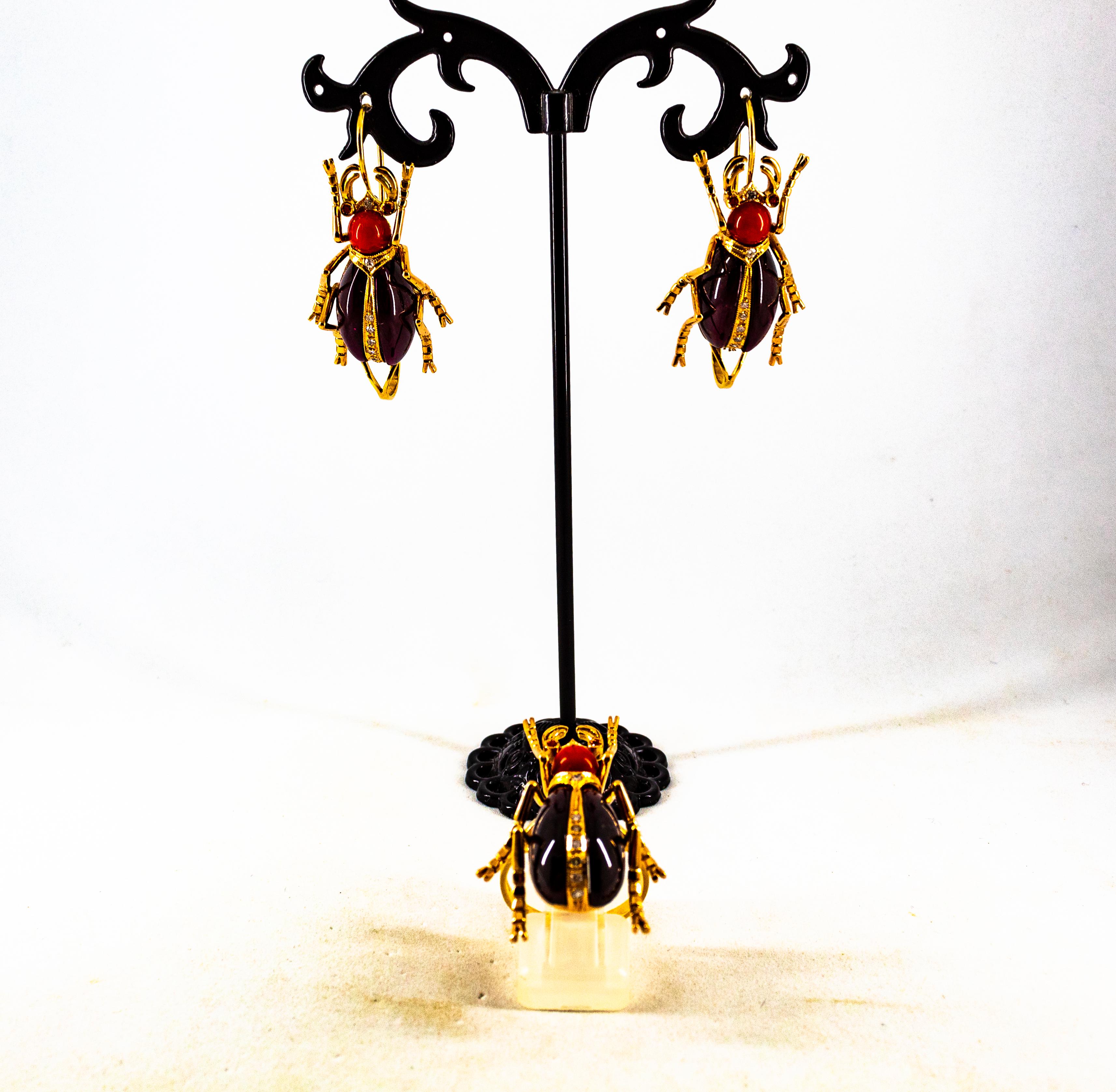 Art Nouveau White Diamond Coral Ruby Garnet Yellow Gold Lever-Back Earrings en venta 6