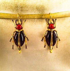 Art Nouveau White Diamond Coral Ruby Garnet Yellow Gold Lever-Back Earrings