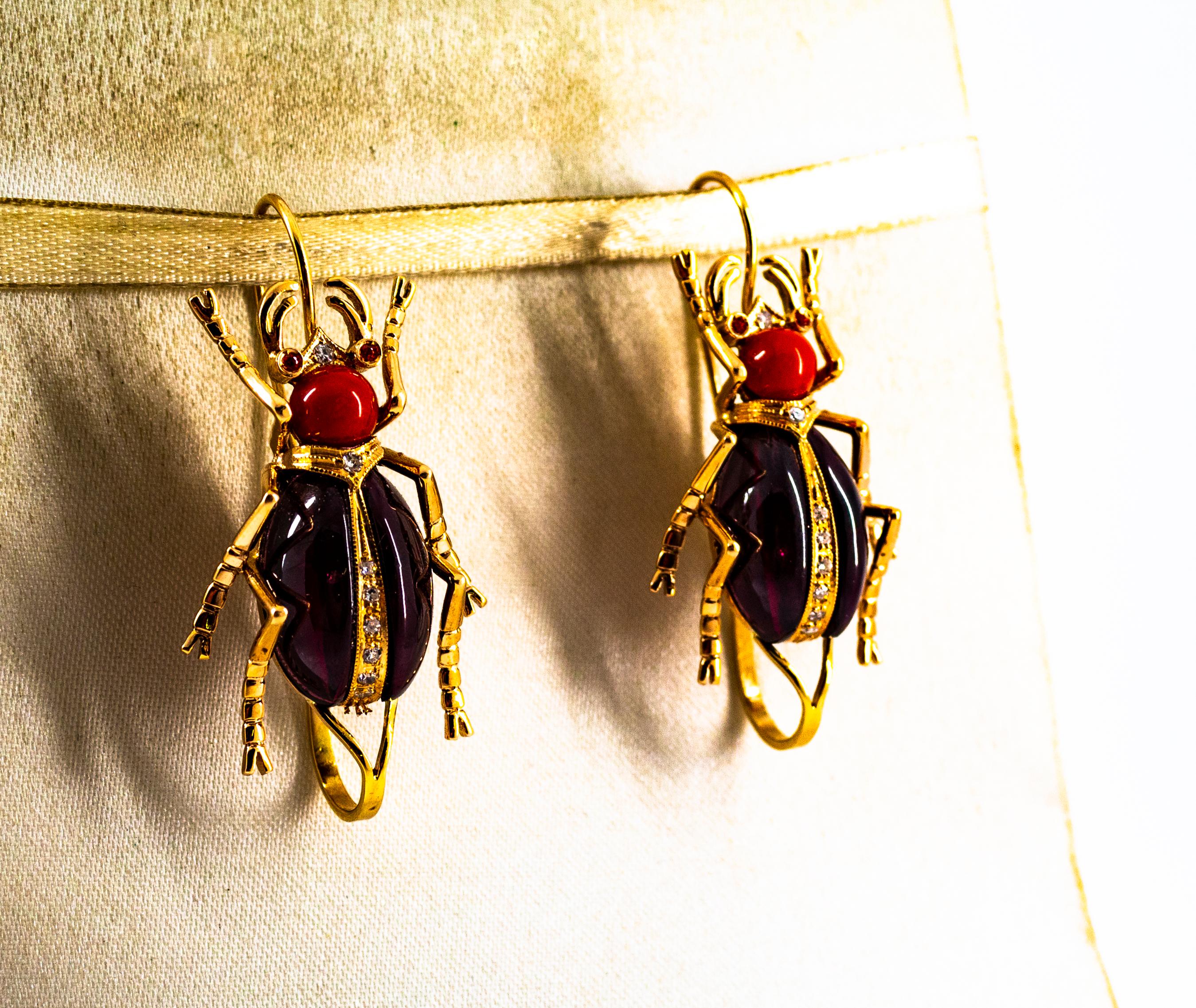Art Nouveau White Diamond Coral Ruby Garnet Yellow Gold Lever-Back Earrings Corte brillante en venta