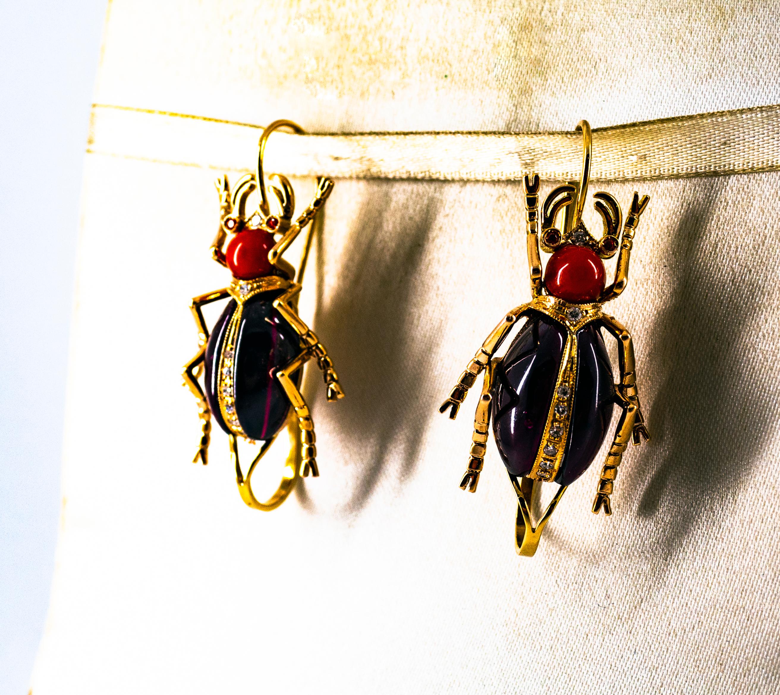 Art Nouveau White Diamond Coral Ruby Garnet Yellow Gold Lever-Back Earrings en Nuevo estado para la venta en Naples, IT