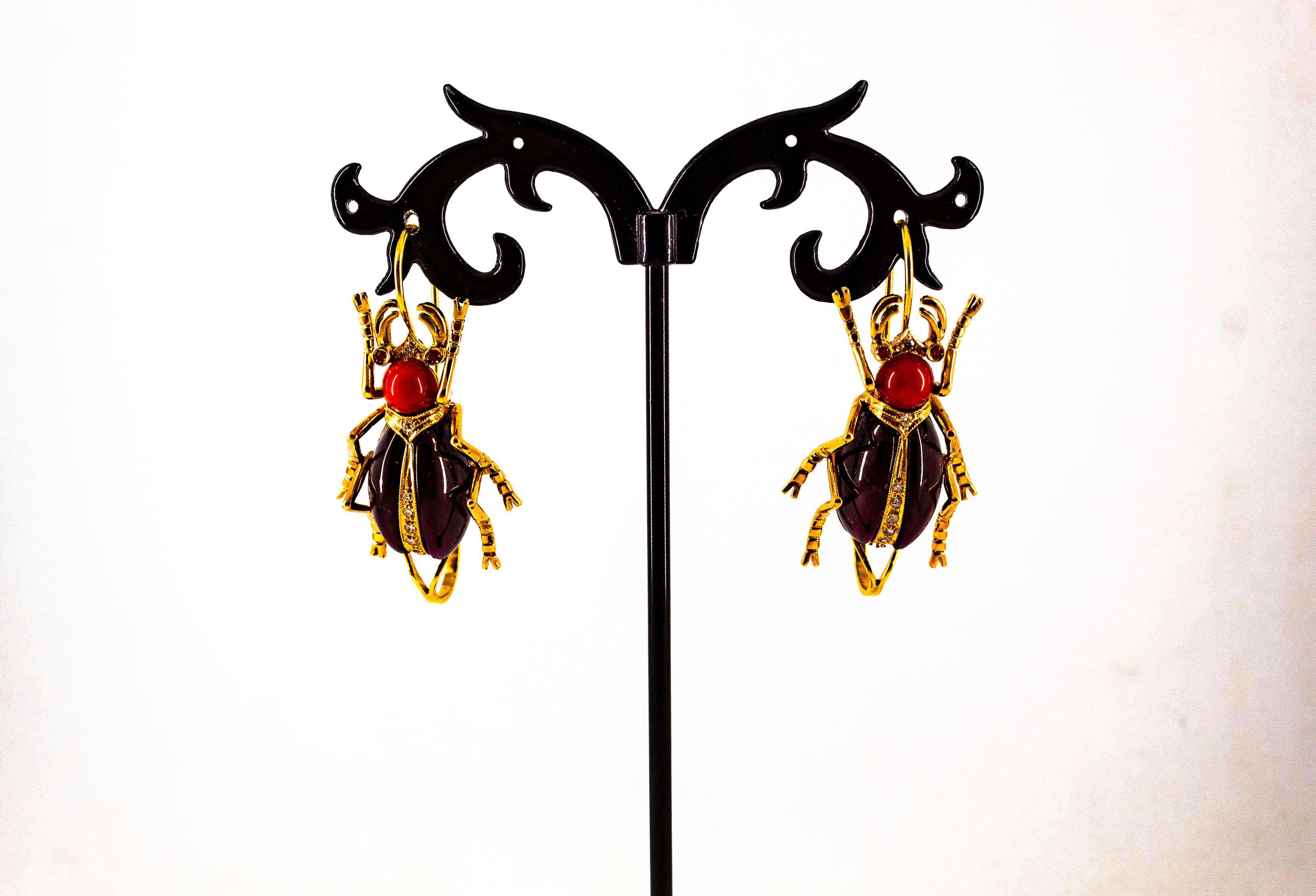 Women's or Men's Art Nouveau White Diamond Coral Ruby Garnet Yellow Gold Lever-Back Earrings For Sale