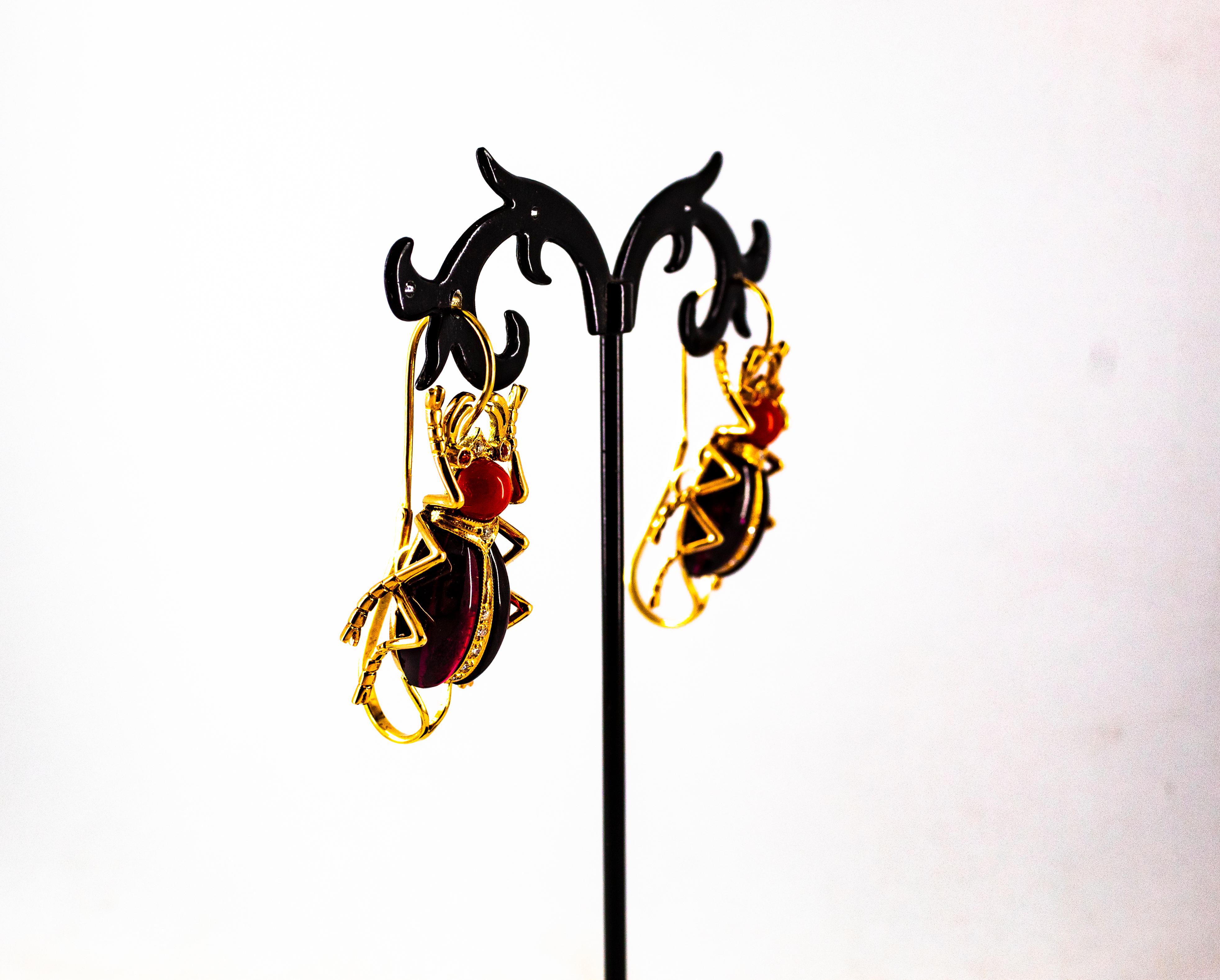 Boucles d'oreilles à levier Art Nouveau en or jaune avec diamant blanc, corail, rubis et grenat en vente 1