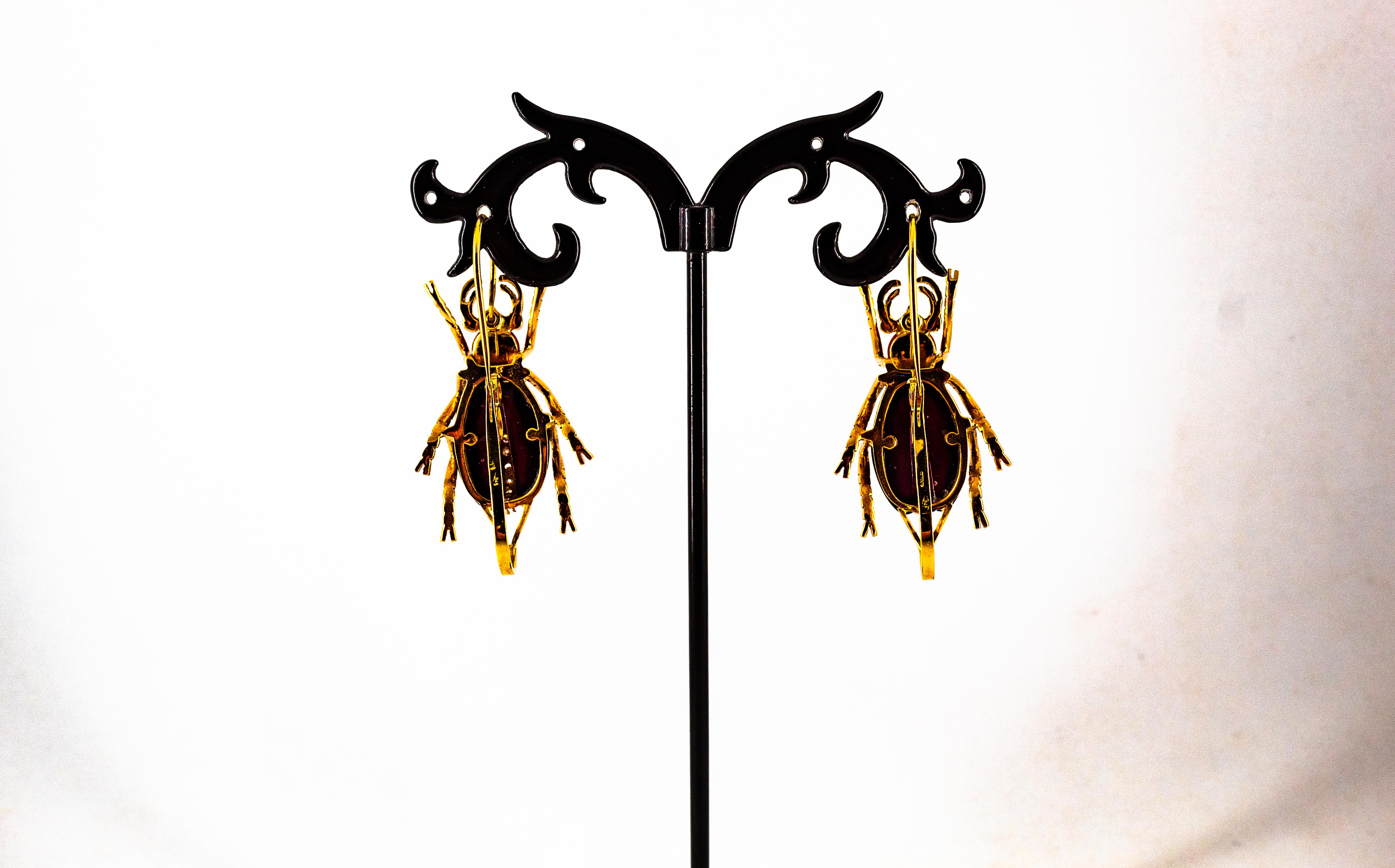 Boucles d'oreilles à levier Art Nouveau en or jaune avec diamant blanc, corail, rubis et grenat en vente 2