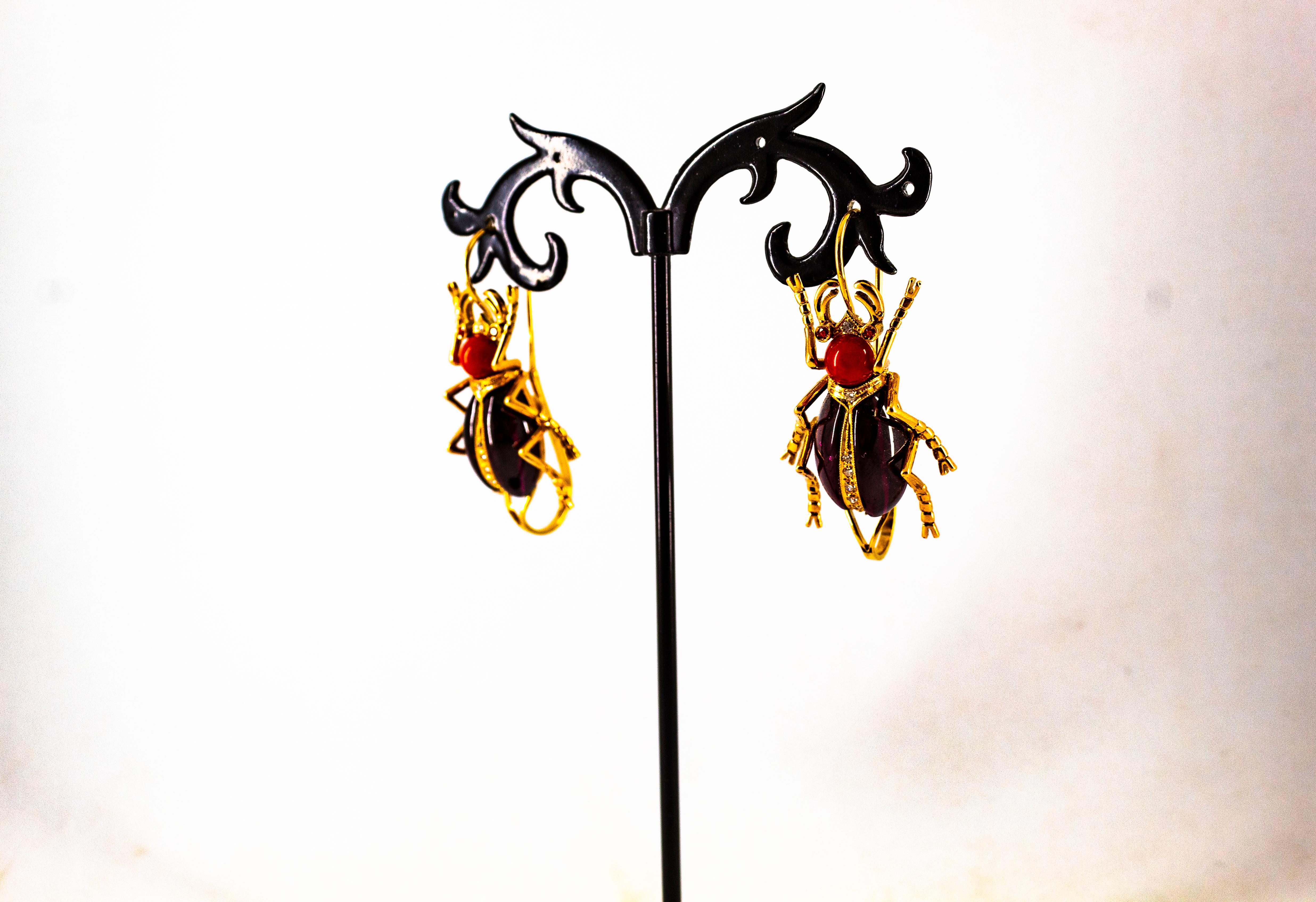 Boucles d'oreilles à levier Art Nouveau en or jaune avec diamant blanc, corail, rubis et grenat en vente 3