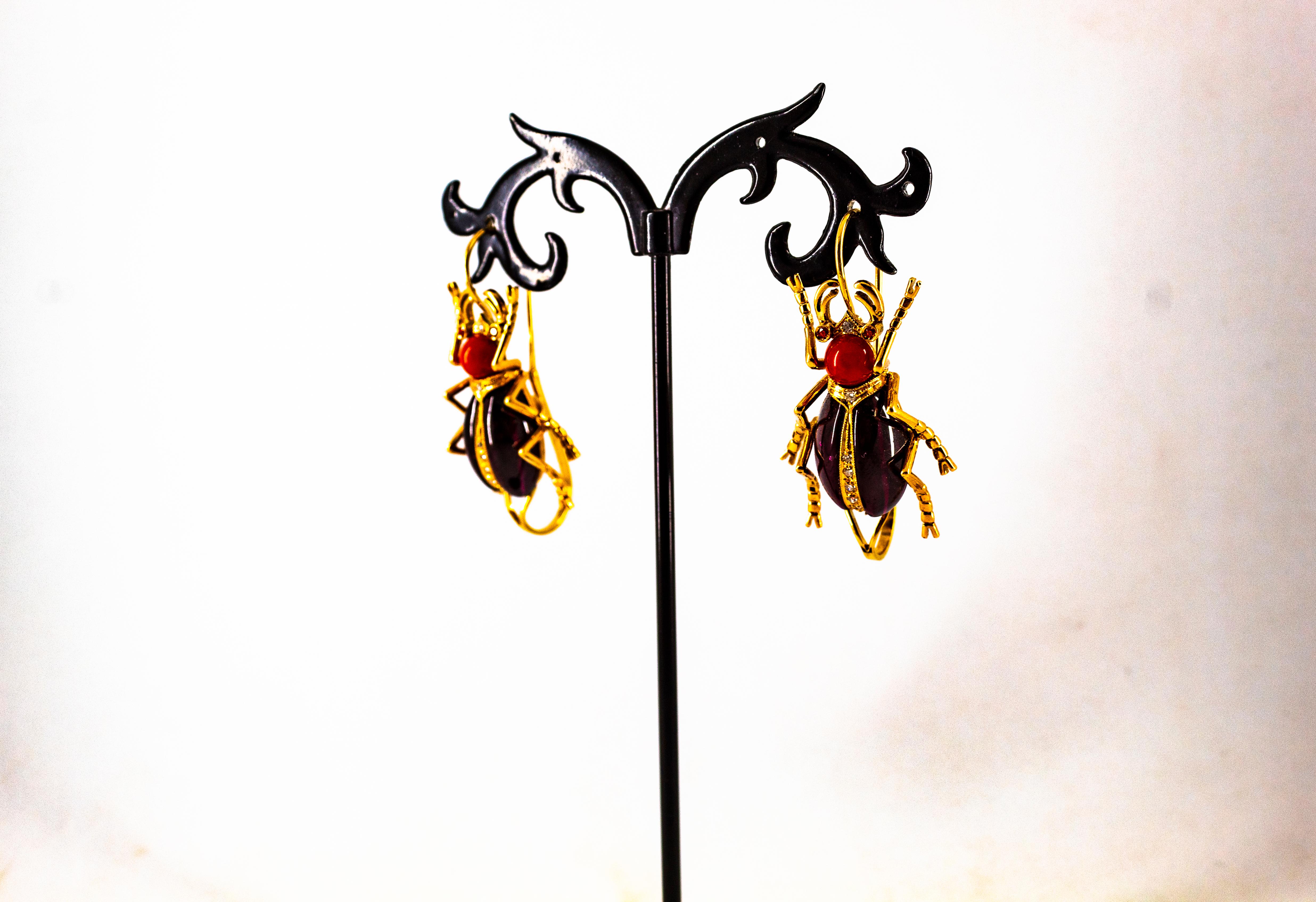 Art Nouveau White Diamond Coral Ruby Garnet Yellow Gold Lever-Back Earrings For Sale 4