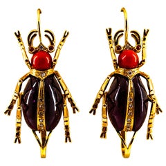 Art Nouveau White Diamond Coral Ruby Garnet Yellow Gold Lever-Back Earrings